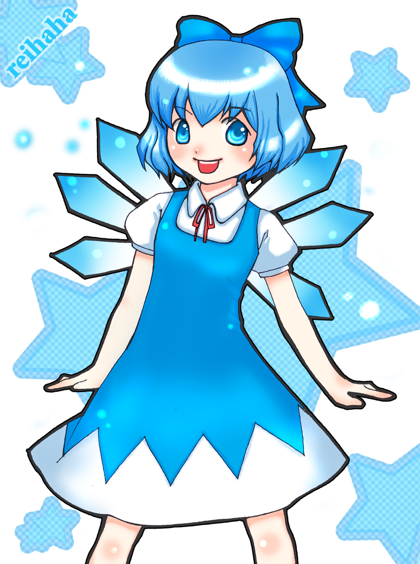 cirno, embodiment of scarlet devil, touhou, 1girl, blue eyes, blue hair, dress, female focus, matching hair/eyes, short hair, solo, white background, wings
