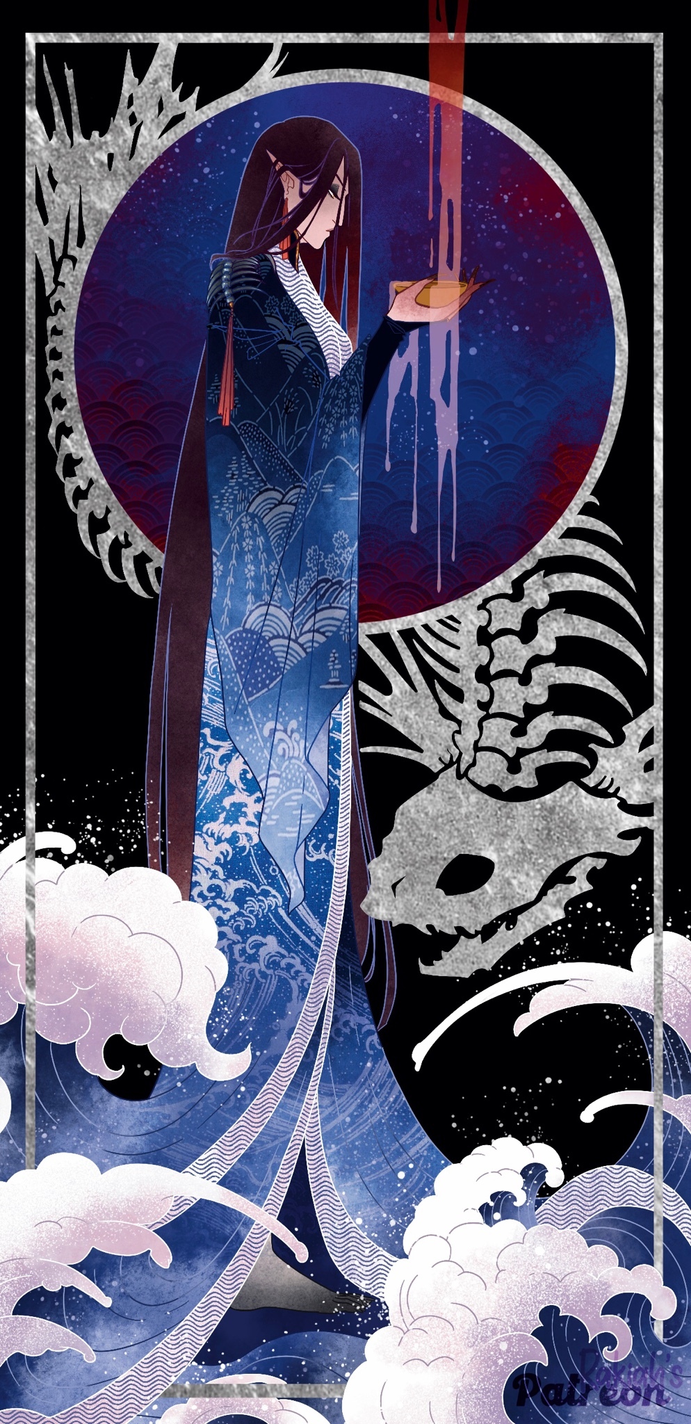 he xuan, tianguan cifu, commentary, english commentary, highres, 1boy, animal, animal skeleton, black background, black eyeshadow, black hair, blood, blue background, blue hanfu, blue theme, border, bowl, brown hair, chinese clothes, closed mouth, earrings, eyeshadow, fingernails, fish, fish skeleton, food, frown, full body, grey border, hanfu, holding, holding bowl, jewelry, long hair, long sleeves, makeup, male focus, mountain print, pointy ears, print background, print robe, profile, rakiah, scale print, sharp fingernails, solo, tassel, tassel earrings, very long hair, very long robe, water, water clothes, wave print, waves, white trim, wide sleeves