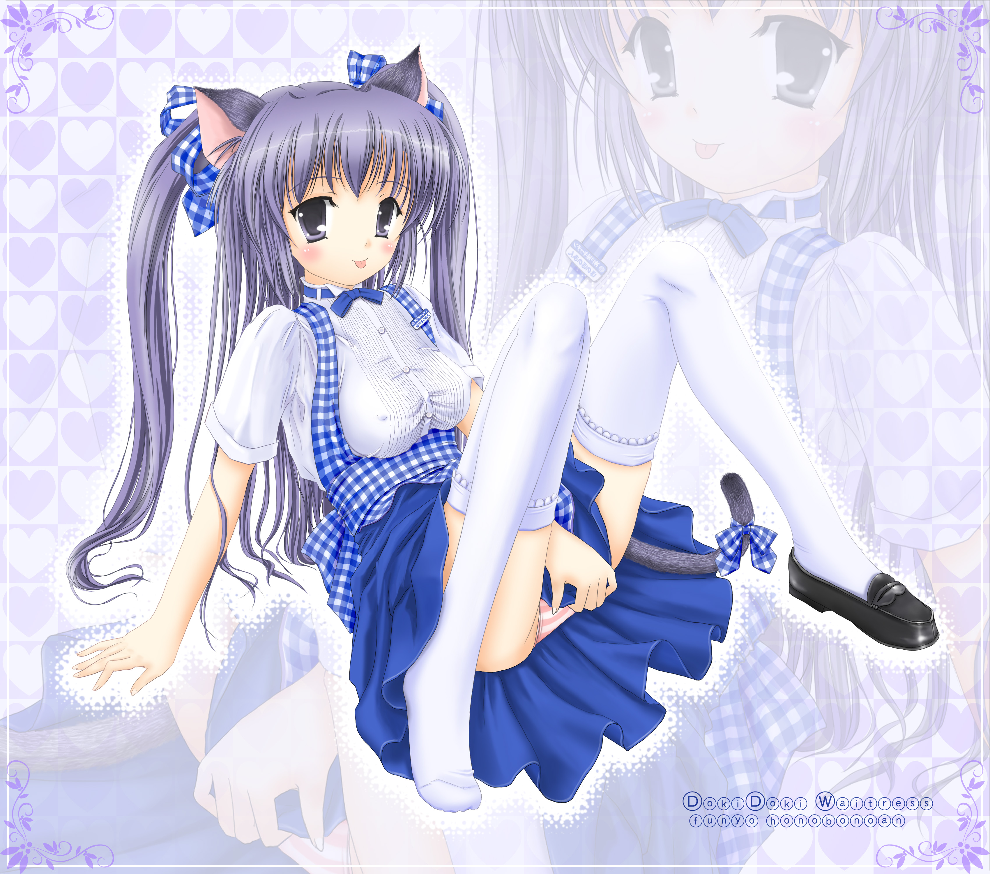 funyo, absurdres, highres, 1girl, :p, animal ears, apron, blouse, blue bow, blue bowtie, bow, bowtie, breasts, cat ears, cat tail, covered erect nipples, female focus, gingham apron, kobeya uniform, large breasts, long hair, panties, plaid apron, plaid clothes, purple eyes, purple hair, ribbon, shirt, shoes, single shoe, solo, striped clothes, striped panties, tail, thighhighs, tongue, tongue out, twintails, underwear, waitress, white shirt, zoom layer