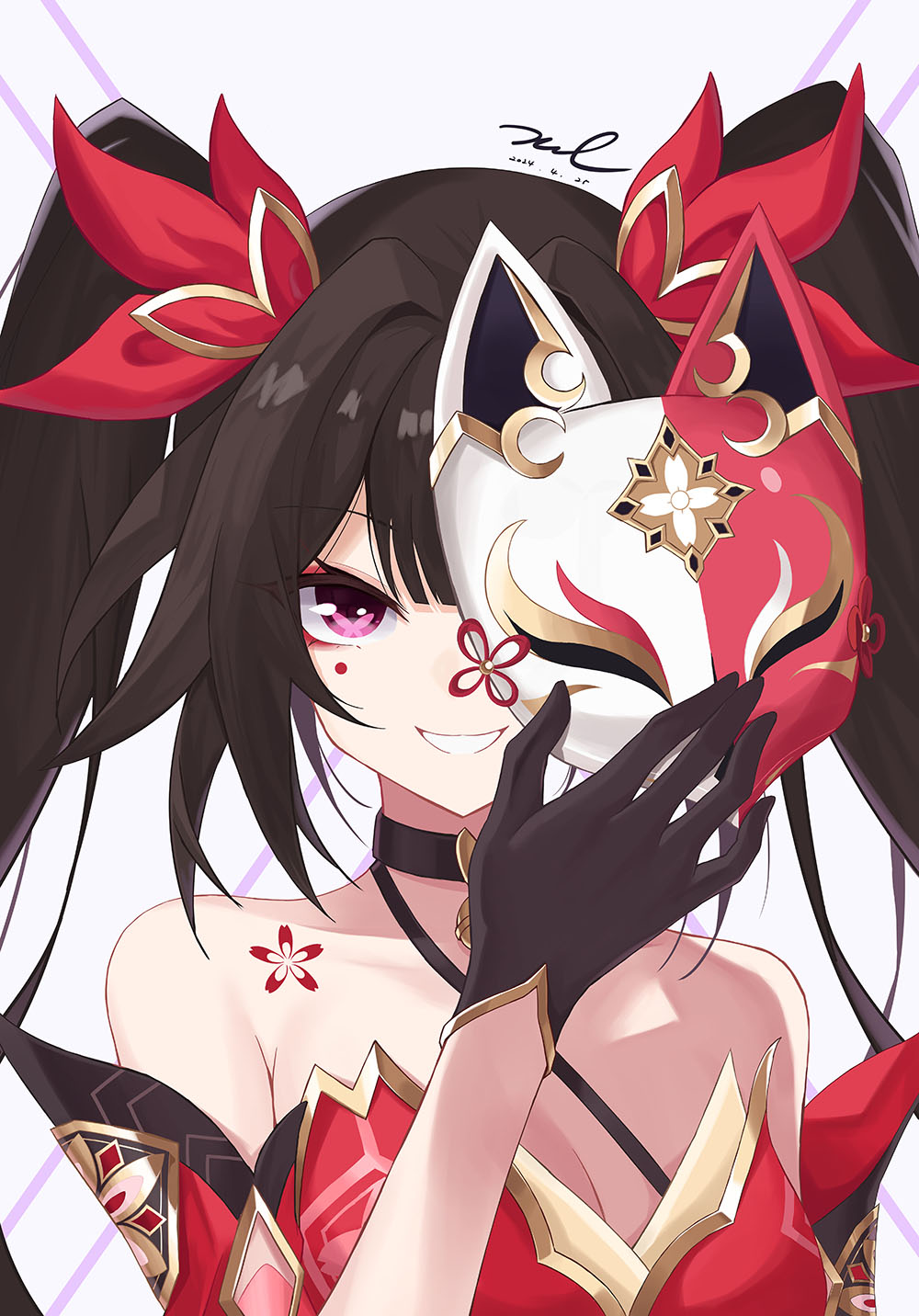 unel, sparkle (honkai: star rail), honkai: star rail, honkai (series), commentary, highres, 1girl, bare shoulders, breasts, brown hair, circle facial mark, cleavage, dated, flower tattoo, fox mask, grin, hair ribbon, holding, holding mask, long hair, looking at viewer, mark under eye, mask, medium breasts, pink eyes, red ribbon, ribbon, shoulder tattoo, signature, smile, solo, tattoo, twintails, upper body