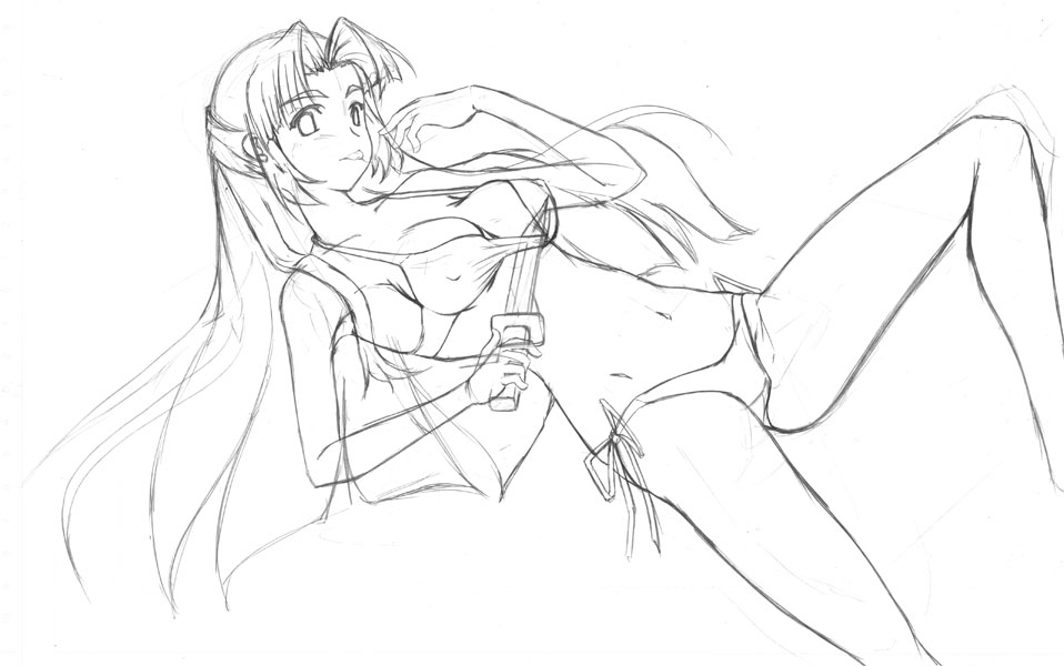 phares, asakura ryoko, suzumiya haruhi no yuuutsu, 00s, 1girl, bikini, breasts, covered erect nipples, female focus, greyscale, knife, long hair, medium breasts, monochrome, side-tie bikini bottom, sketch, solo, swimsuit, tongue
