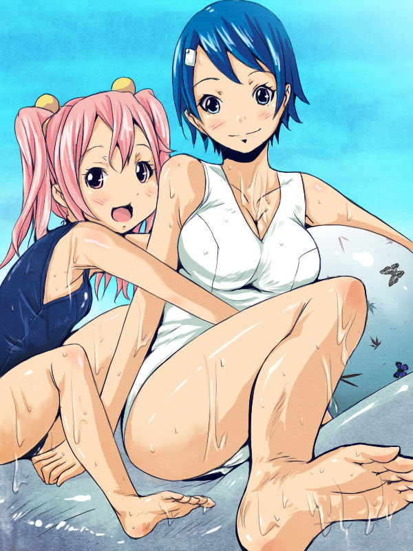 2girls, ball, barefoot, beachball, blue hair, blush, breasts, cleavage, feet, hug, large breasts, multiple girls, one-piece swimsuit, open mouth, pink hair, school swimsuit, short hair, sitting, small breasts, swimsuit, twintails, wet