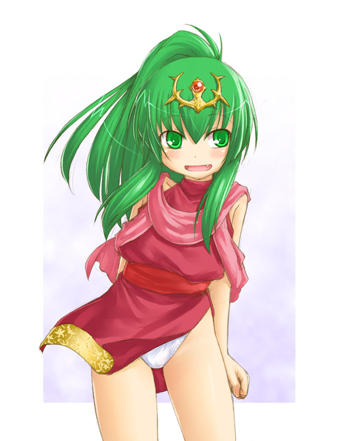 kasuga yukihito, tiki (fire emblem), tiki (young) (fire emblem), fire emblem, fire emblem: mystery of the emblem, fire emblem: shadow dragon, nintendo, 1girl, :d, blush, fang, female focus, green eyes, green hair, matching hair/eyes, open mouth, panties, ponytail, smile, solo, underwear, white panties