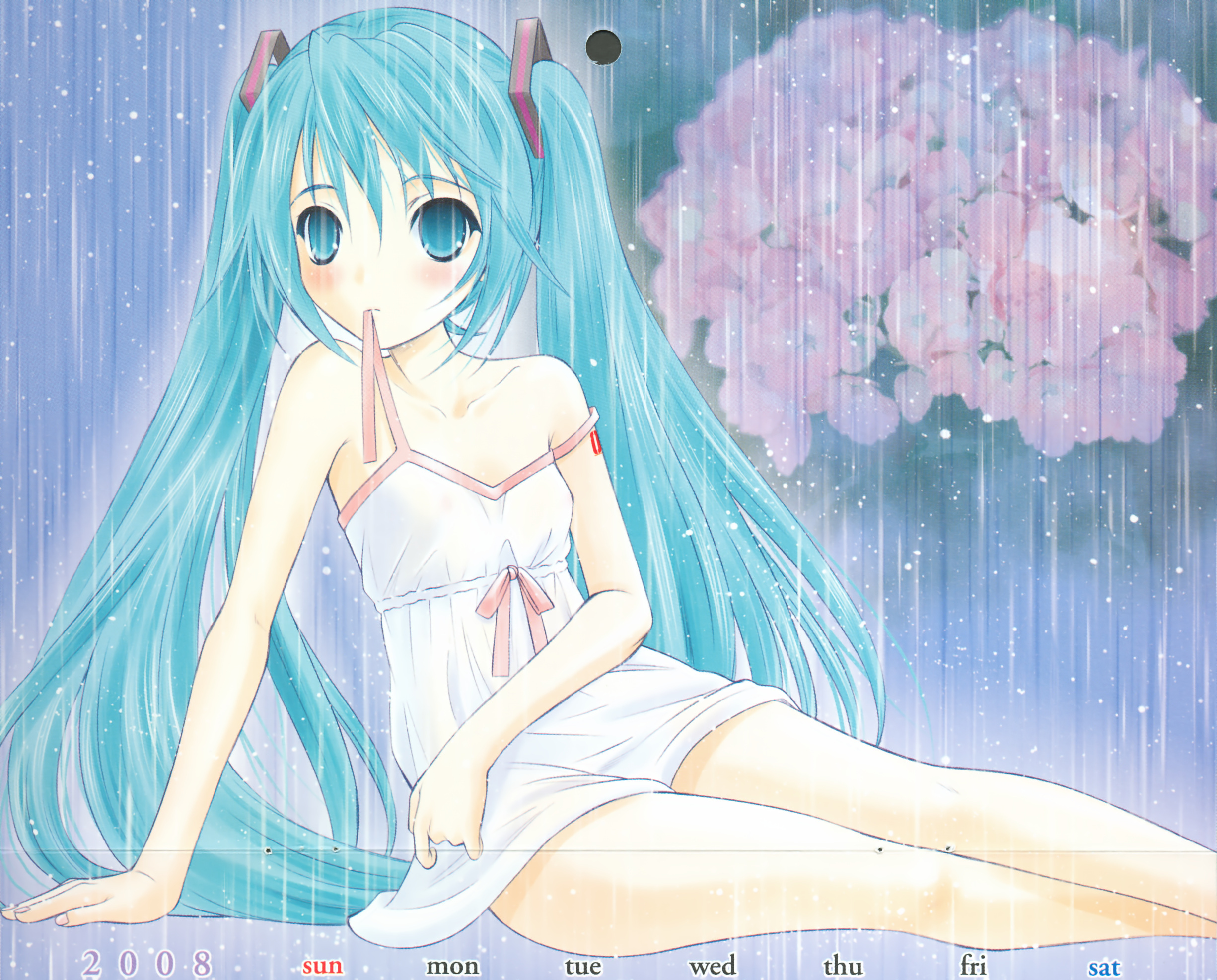 hatsune miku, vocaloid, highres, 1girl, arm support, bare shoulders, dress, female focus, flower, green eyes, green hair, long hair, lying, matching hair/eyes, mouth hold, ribbon, see-through clothes, sitting, solo, thighs, twintails, very long hair
