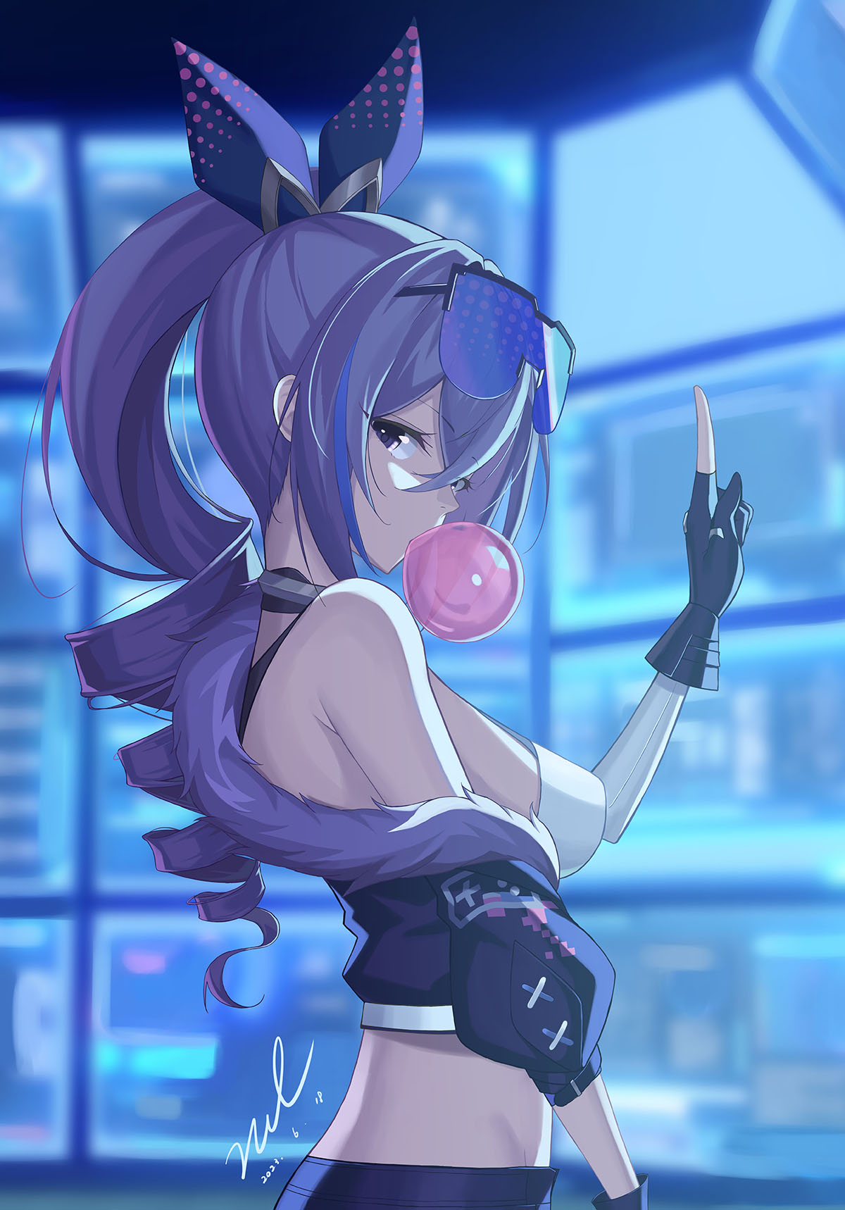 unel, silver wolf (honkai: star rail), honkai: star rail, honkai (series), commentary, highres, 1girl, bare shoulders, black gloves, black jacket, blowing bubble gum, blurry, blurry background, breasts, chewing gum, cowboy shot, crop top, dated, drill hair, drill ponytail, from side, fur-trimmed jacket, fur trim, gloves, goggles, goggles on head, grey eyes, grey hair, hair ribbon, hand up, holographic monitor, index finger raised, jacket, long hair, looking at viewer, medium breasts, midriff, multicolored hair, partially fingerless gloves, purple-tinted eyewear, purple ribbon, ribbon, shirt, sidelocks, sideways glance, signature, single off shoulder, solo, streaked hair, tinted eyewear, white shirt
