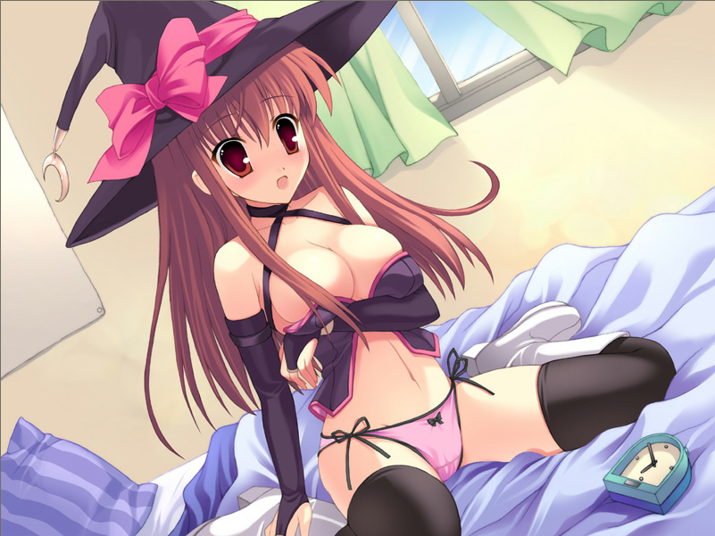 yatano, noir wiz koi no mahou, game cg, 1girl, bed, breasts, bridal gauntlets, brown eyes, brown hair, clock, female focus, gauntlet style gloves, hat, long hair, panties, pink panties, ribbon, side-tie panties, solo, thighhighs, underwear, witch hat