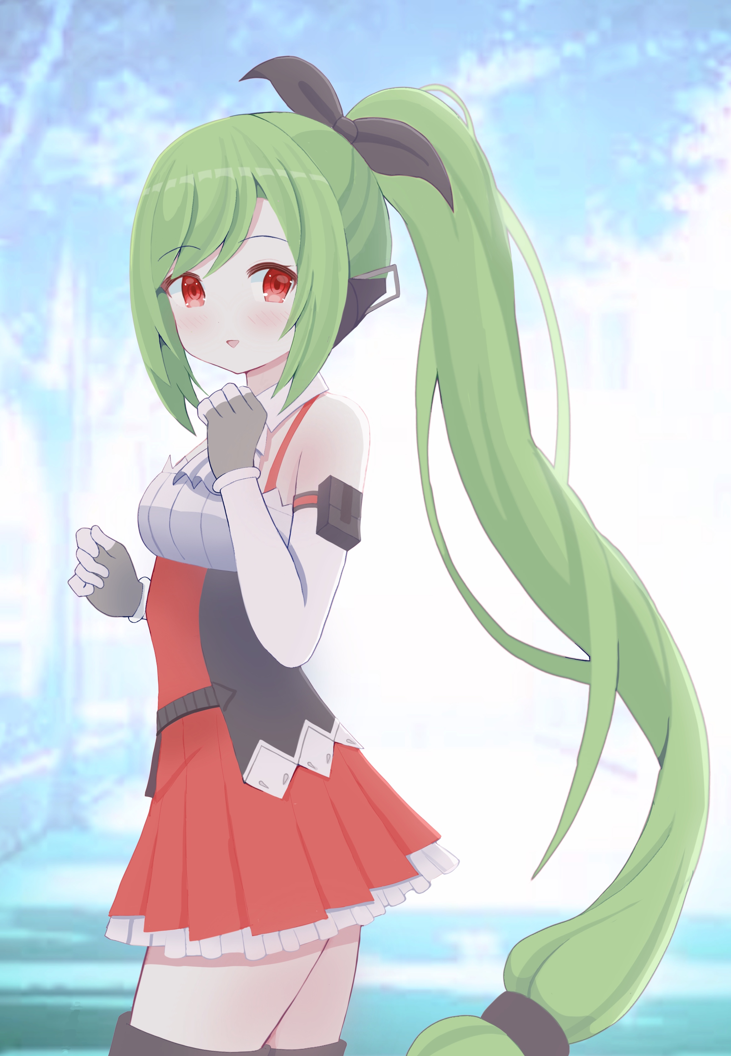 mikoko1, aat-52 (girls' frontline), girls' frontline, absurdres, commentary request, commission, highres, skeb commission, 1girl, :d, arm pouch, bare shoulders, black ribbon, blush, breasts, cowboy shot, detached sleeves, dress, earpiece, empire waist, fingerless gloves, from side, gloves, green hair, grey gloves, hair ribbon, hands up, high ponytail, long hair, looking at viewer, medium breasts, open mouth, parted lips, ponytail, red dress, red eyes, ribbon, sleeveless, smile, solo, standing, thighhighs, very long hair, white sleeves, zettai ryouiki