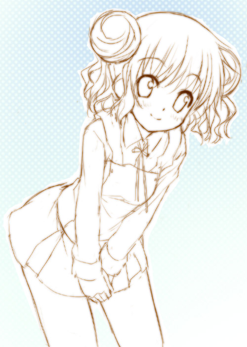 mizuki makoto, hiro (hidamari sketch), hidamari sketch, unfinished, 00s, 1girl, blue background, female focus, monochrome, polka dot, polka dot background, sketch, solo