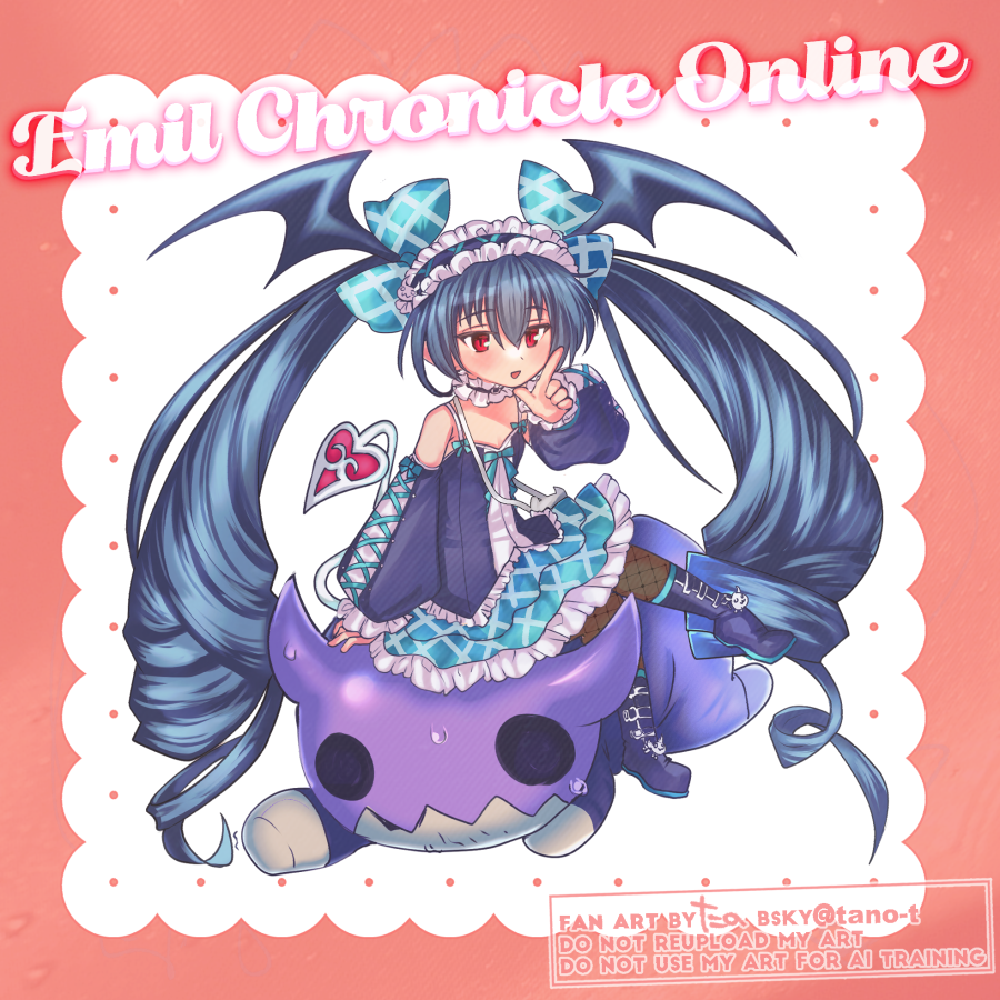 tano t, mephistopheles lore, emil chronicle online, 1girl, bat wings, black camisole, black wings, blue boots, boots, bow, camisole, choker, copyright name, detached sleeves, drill hair, familiar, fishnet thighhighs, fishnets, frilled camisole, frilled choker, frilled skirt, frills, green bow, green skirt, hair bow, head wings, long hair, official alternate costume, pointing, pointing up, red eyes, riding, skirt, thighhighs, twin drills, twintails, very long hair, white sleeves, wings