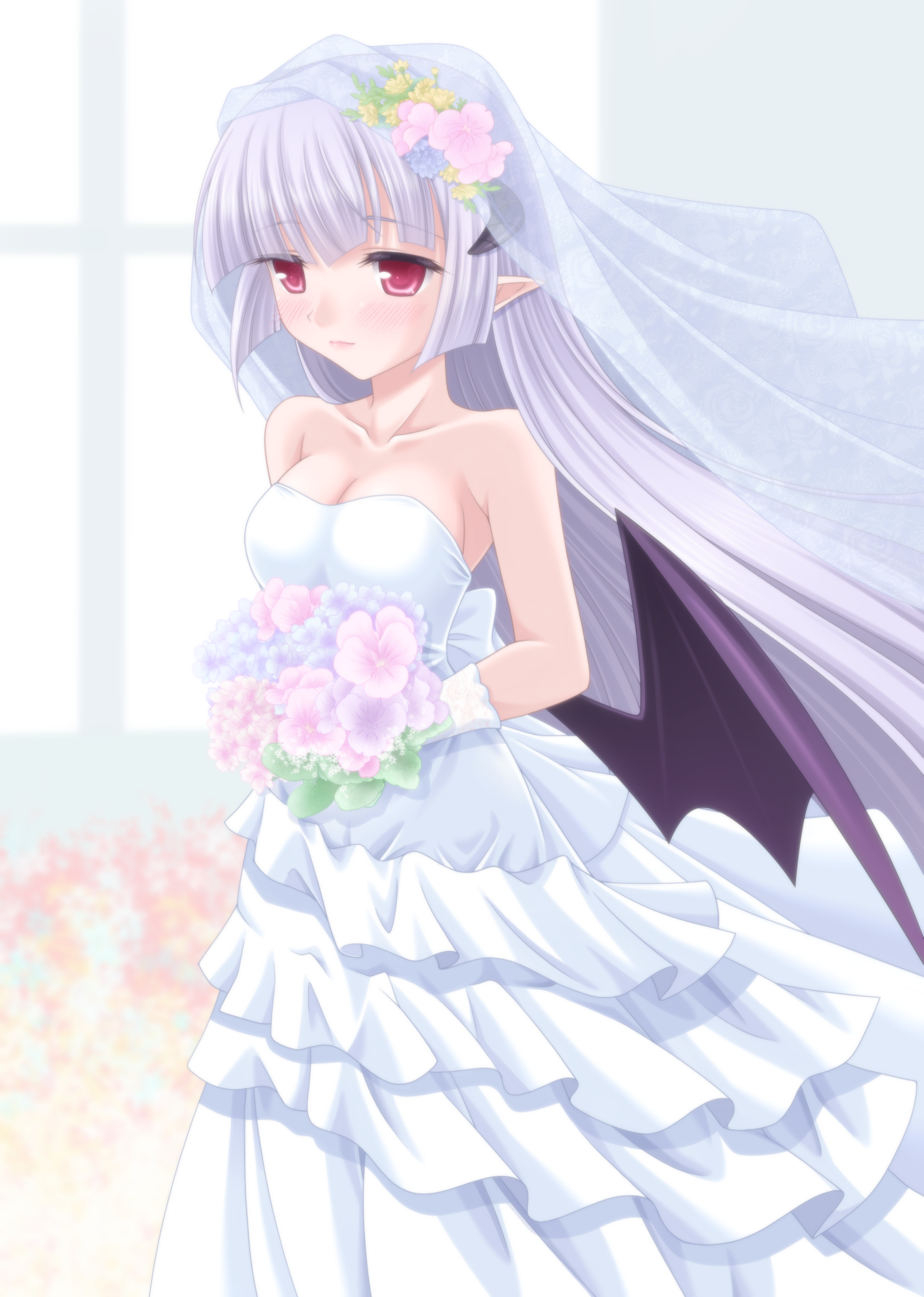 takanashi tsukasa, emil chronicle online, highres, 1girl, alternate costume, bat wings, black wings, blush, bouquet, breasts, bridal veil, cleavage, dress, flower, gloves, holding, holding bouquet, large breasts, long hair, pointy ears, pulish (eco), red eyes, solo, veil, wedding, wedding dress, white dress, white gloves, white hair, wings