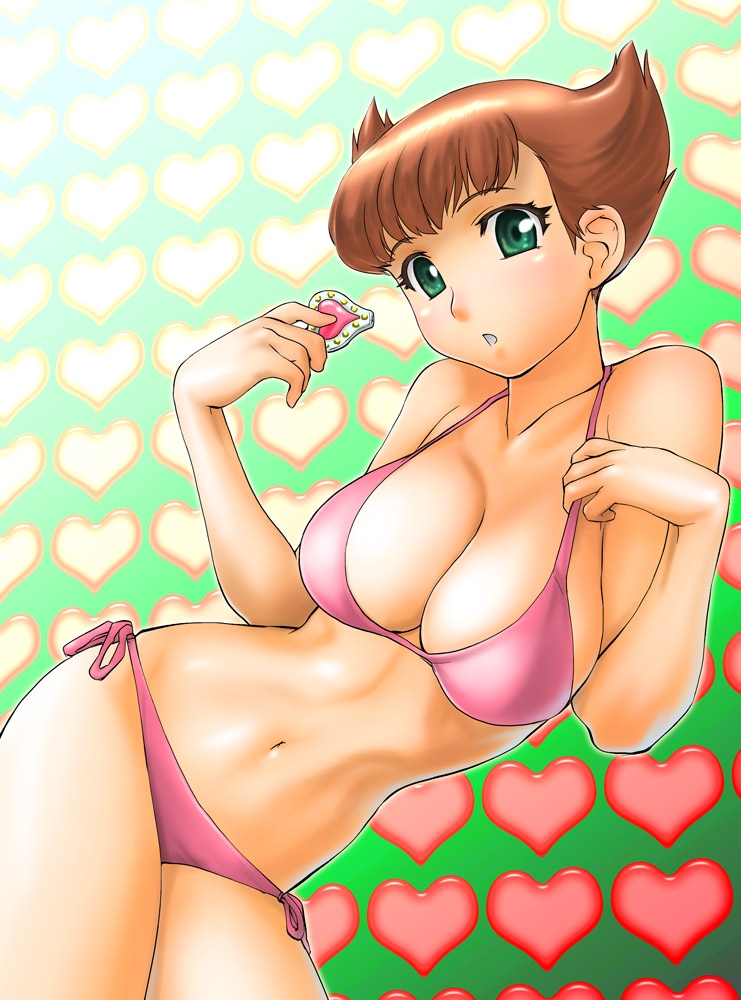 ueyama michirou, sakura mami, esper mami, 1girl, bikini, breasts, brown hair, cleavage, female focus, green eyes, large breasts, pink bikini, short hair, side-tie bikini bottom, solo, swimsuit