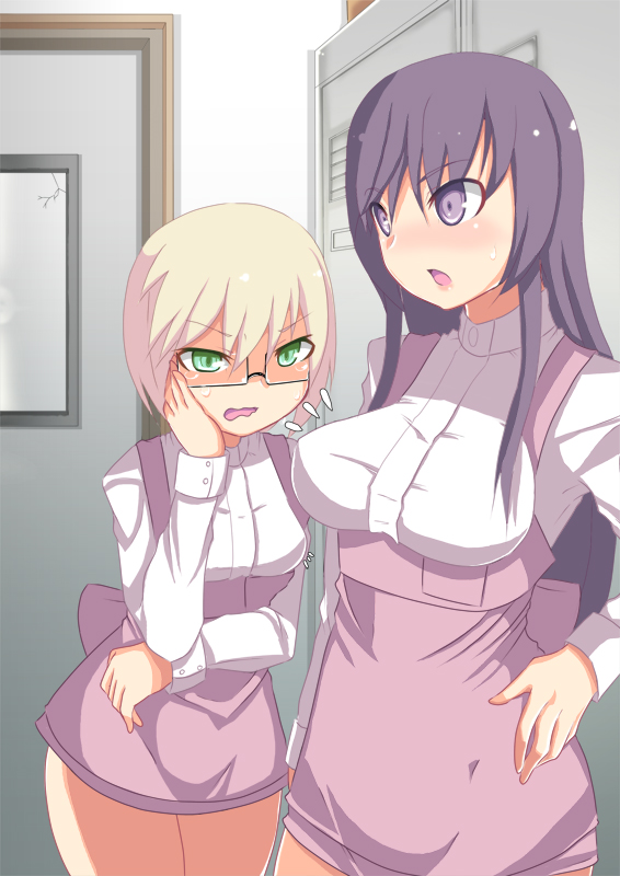 johnny funamushi, anna miller, original, 2girls, blonde hair, breast envy, breasts, glasses, green eyes, locker room, looking at breasts, multiple girls, purple eyes, purple hair, waitress