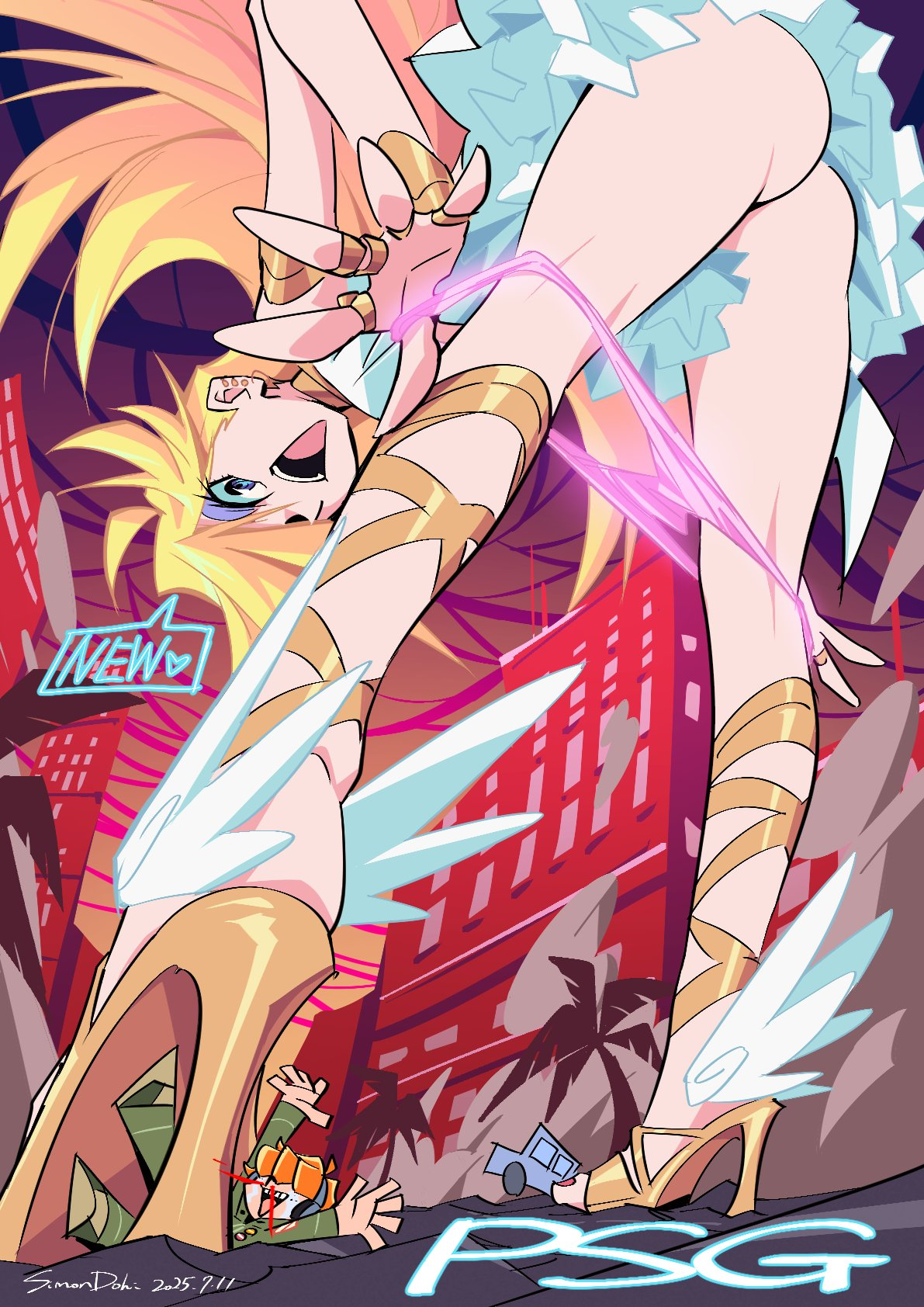 brief (psg), panty (psg), panty & stocking with garterbelt, highres, angel, ass, bare hips, bare legs, blonde hair, blood, city, dress, feet, freckles, giant, high heels, huge ass, legs, monmon5454, nail polish, nosebleed, panties, panty pull, pink panties, smile, underwear, unworn panties