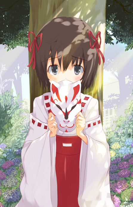 sakusaku, original, 1girl, blue eyes, brown hair, female focus, flower, fox mask, hakama, hakama skirt, japanese clothes, mask, miko, red hakama, short hair, skirt, solo