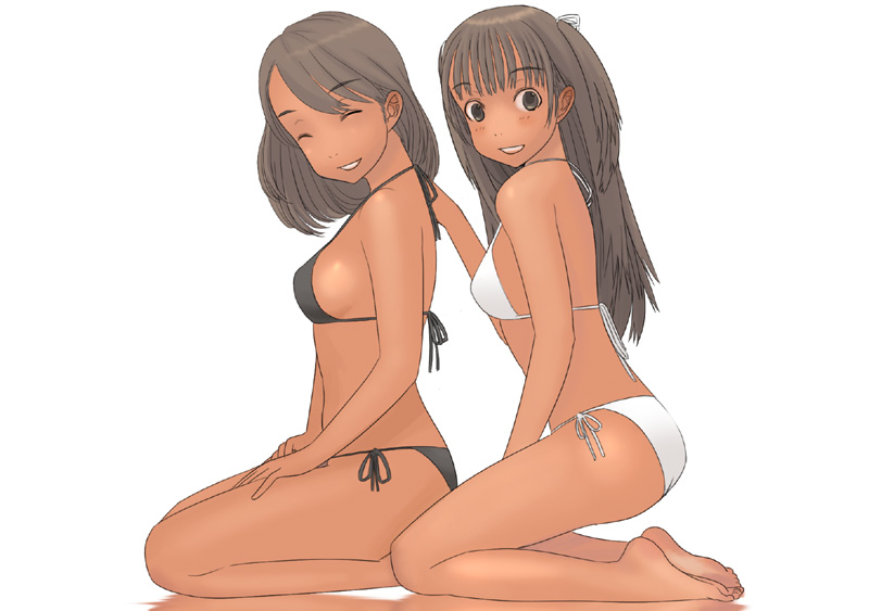 kiriman (souldeep), original, 2girls, bikini, breasts, brown eyes, brown hair, closed eyes, kneeling, long hair, medium breasts, multiple girls, side-tie bikini bottom, sideboob, small breasts, swimsuit, tan