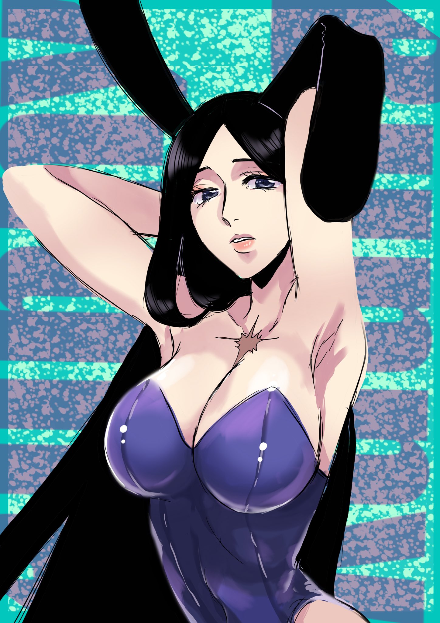 anno im, unohana retsu, bleach, bleach: sennen kessen-hen, highres, 1girl, animal ears, armpit crease, armpits, arms behind head, black hair, breasts, collarbone, fake animal ears, fake bunny ears, female focus, hair down, large breasts, leotard, lips, long hair, playboy bunny, scar, scar on chest, strapless, strapless leotard