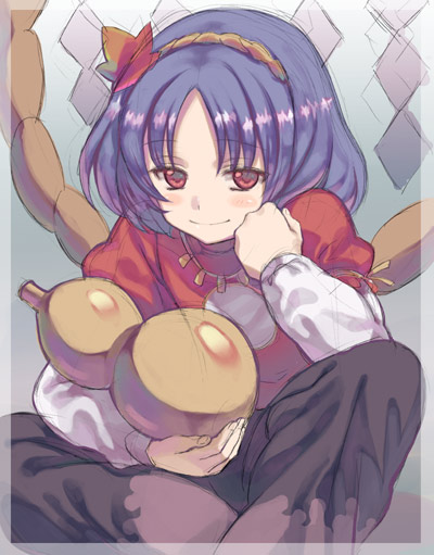 moriki takeshi, yasaka kanako, touhou, eyebrows, 1girl, blue hair, border, clenched hand, closed mouth, female focus, gourd, gradient background, hair ornament, hairband, hand on own chest, head rest, holding, jewelry, layered sleeves, leaf, leaf hair ornament, long sleeves, mirror, necklace, onbashira, parted bangs, purple hair, red eyes, ribbon, rope, shide, short hair, short over long sleeves, short sleeves, sitting, smile, solo, transparent border, yellow ribbon