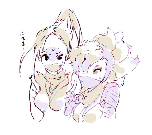 ibuki (street fighter), kimberly jackson, street fighter, street fighter 6, street fighter iii (series), translation request, 2girls, afro, antenna hair, breasts, cloak, fishnets, hand signs, mask, multiple girls, ninja, pointing, pointing up, ponytail, scarf, sweatdrop, u nondesu333, upper body