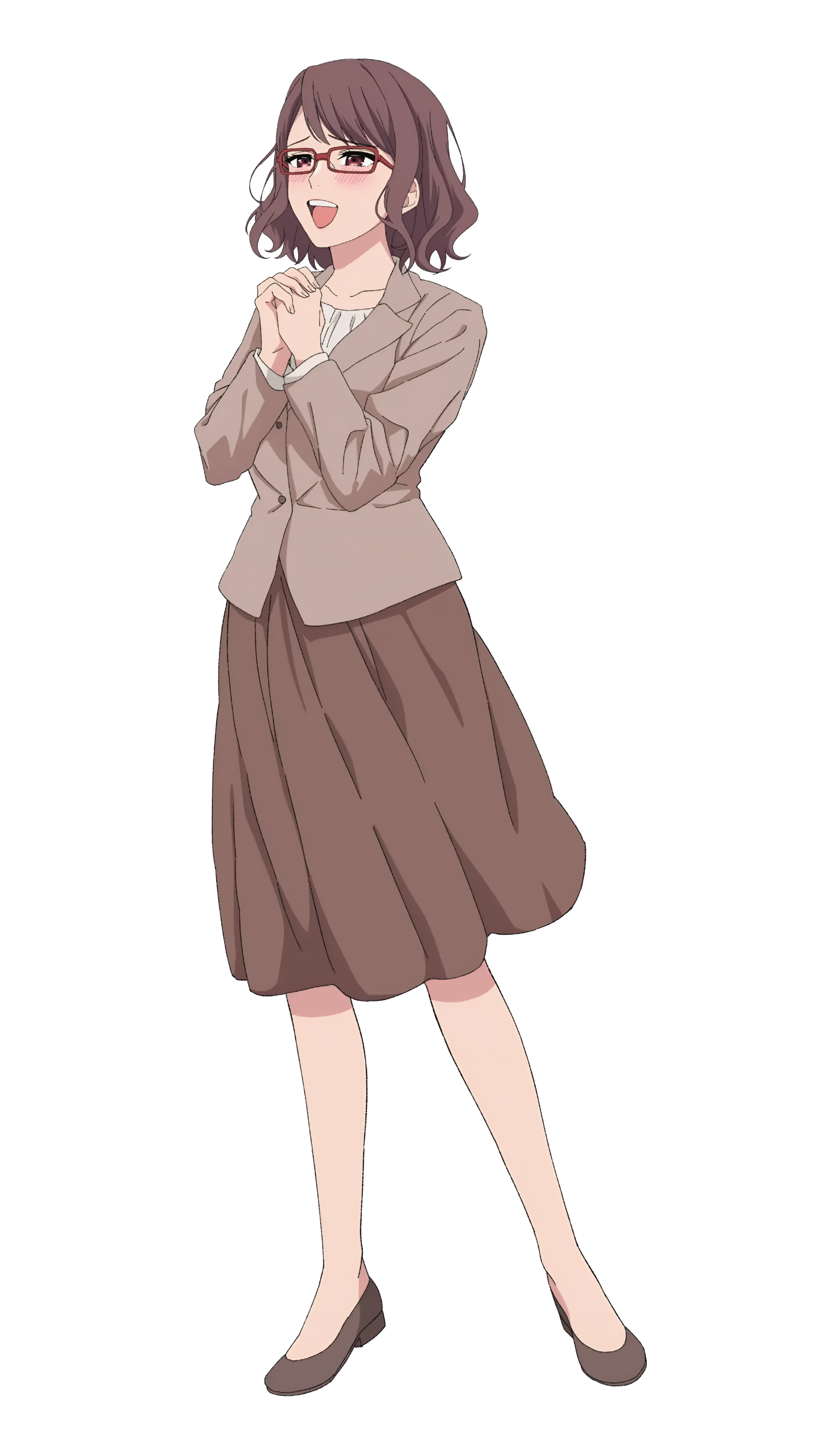 makuwa yuuri, witch watch, absurdres, highres, official art, 1girl, blush, brown hair, brown jacket, brown skirt, glasses, hands up, jacket, long sleeves, looking up, open mouth, red eyes, shirt, shoes, short hair, skirt, smile, solo, teacher, transparent background, white shirt