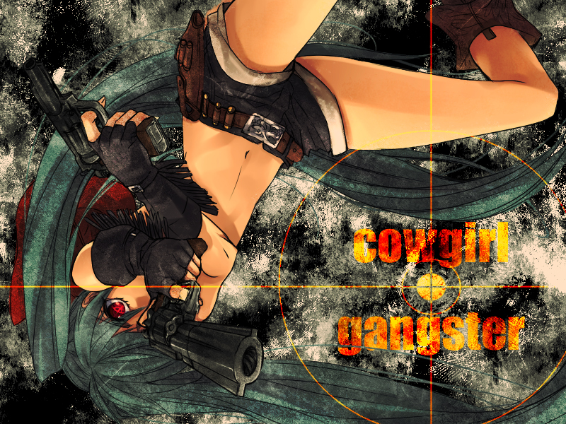 katase waka, hatsune miku, vocaloid, bad id, bad pixiv id, 1girl, aqua hair, belt, boots, female focus, finger on trigger, fingerless gloves, gloves, gun, handgun, long hair, midriff, navel, red eyes, revolver, shorts, solo, twintails, weapon