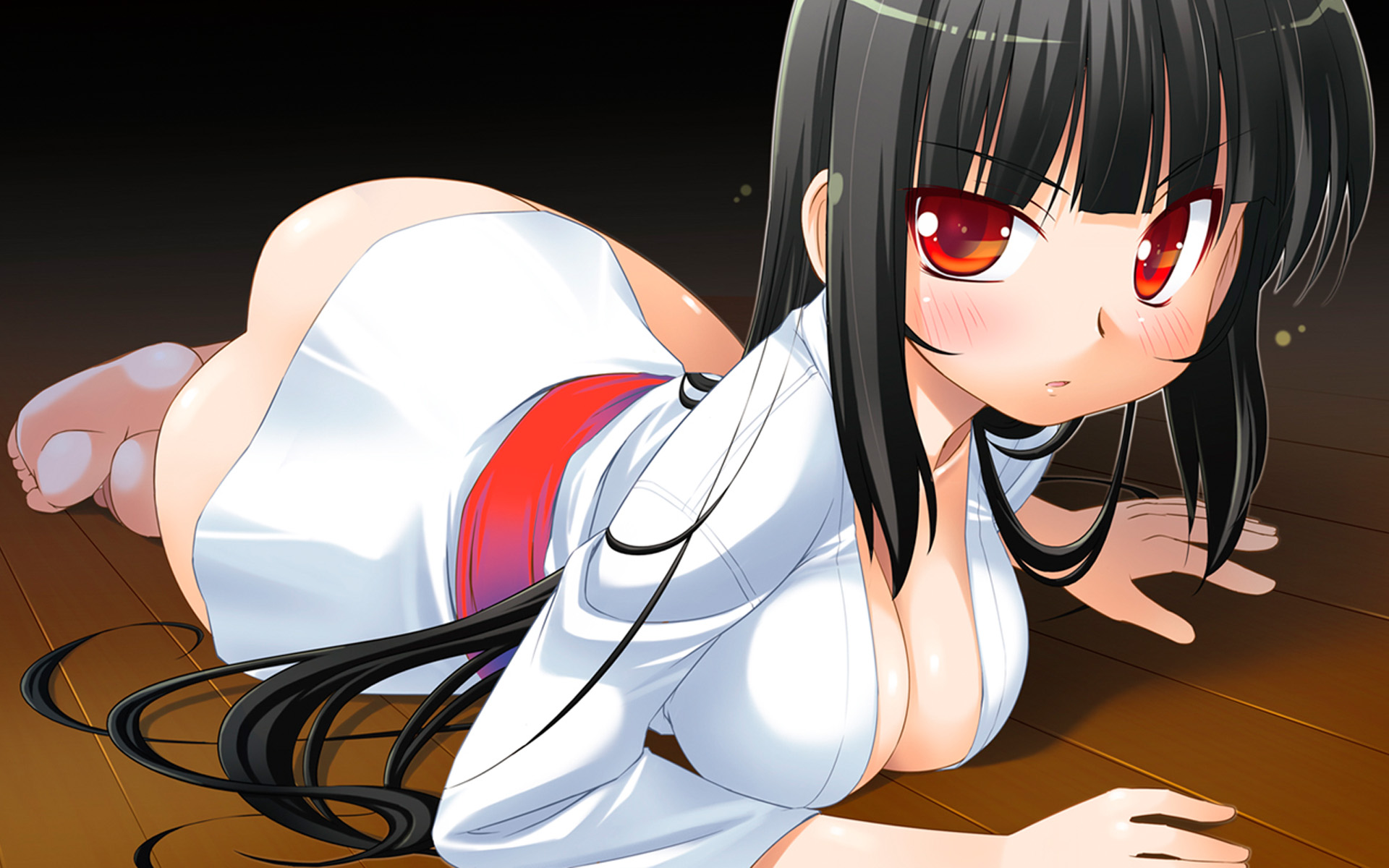 bakutendou, highres, 1girl, ass, barefoot, black hair, blush, bottomless, breasts, cleavage, feet, female focus, japanese clothes, kimono, long hair, lying, on floor, red eyes, sideboob, solo, wooden floor, yukata