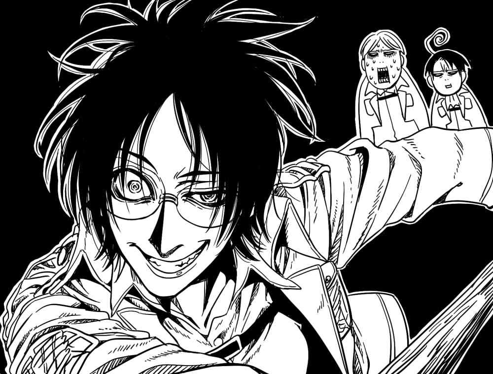 hange zoe, shingeki no kyojin, artist request, character request, 1girl, 2boys, glasses, monochrome, multiple boys, ponytail, round eyewear, smile