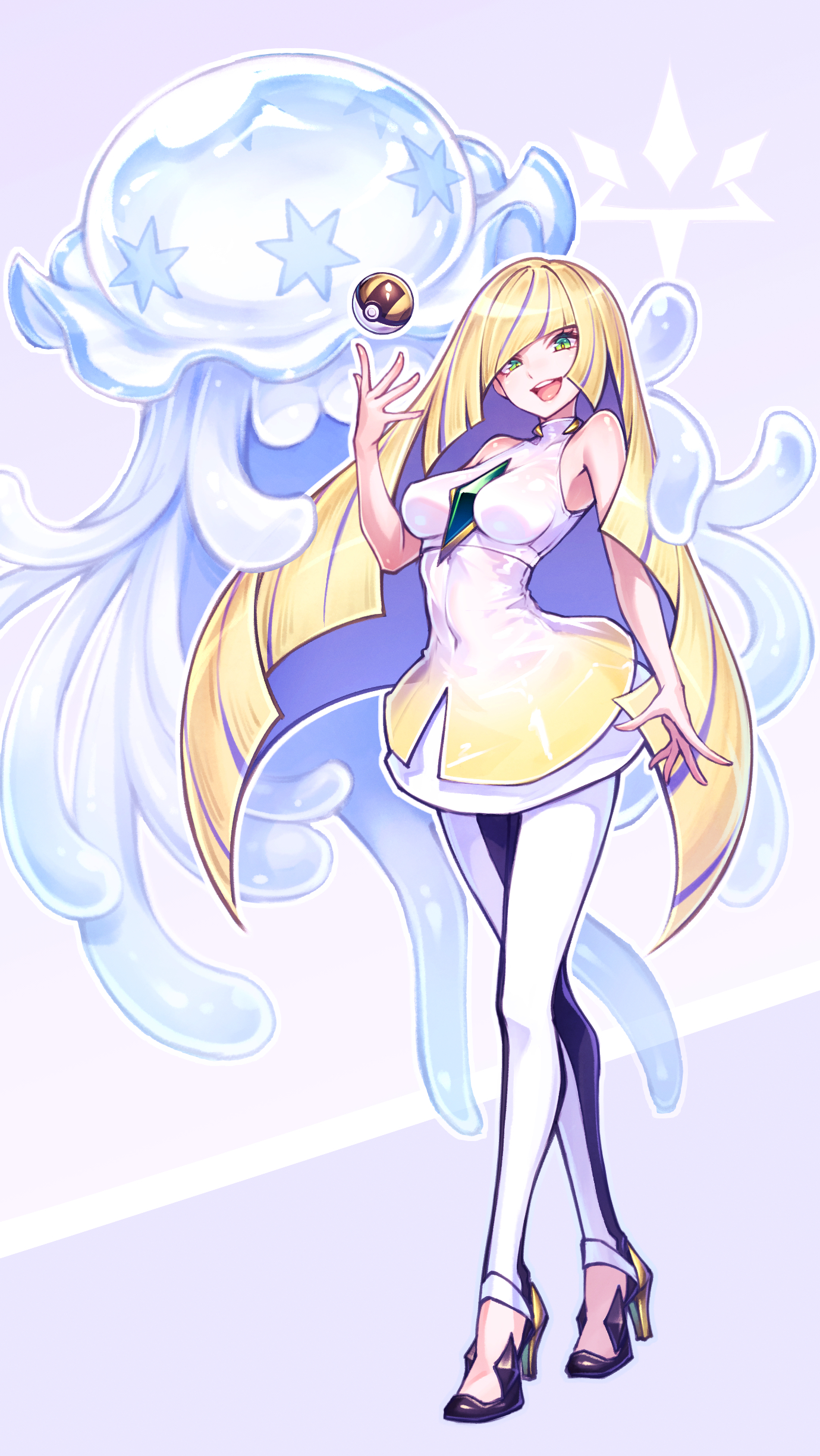 gogatsu no renkyuu, lusamine (pokemon), nihilego, nintendo, pokemon, pokemon sm, absurdres, highres, black leggings, gem, gen 7 pokemon, green eyes, green gemstone, leggings, multicolored leggings, ultra beast, white leggings