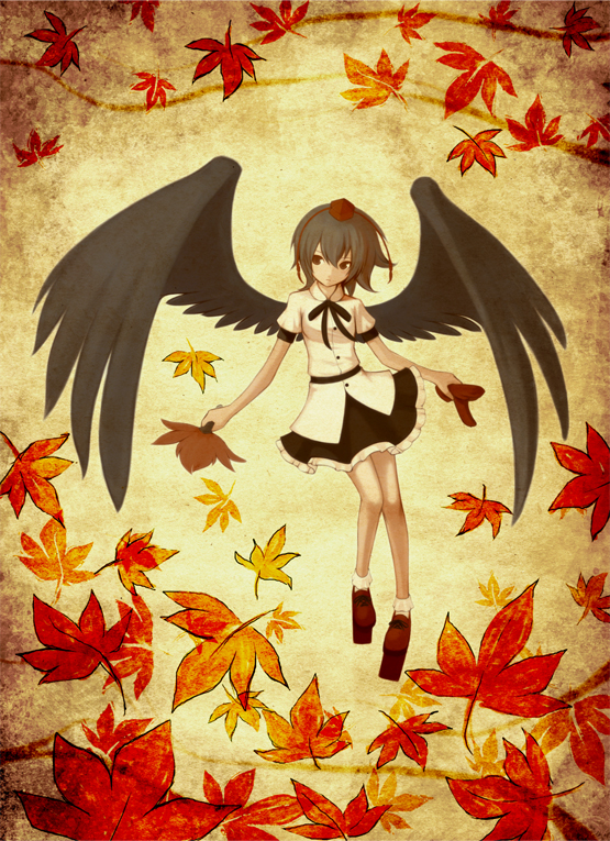 mamoru (arizona), shameimaru aya, touhou, 1girl, black wings, female focus, leaf, looking at viewer, solo, wings