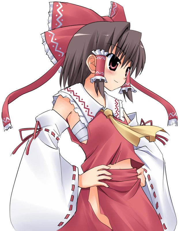 hoshi umi, hakurei reimu, imperishable night, touhou, 1girl, ascot, blush, detached sleeves, female focus, frilled hair tubes, frills, hair tubes, hands on own hips, japanese clothes, miko, simple background, smile, solo, white background, yellow ascot
