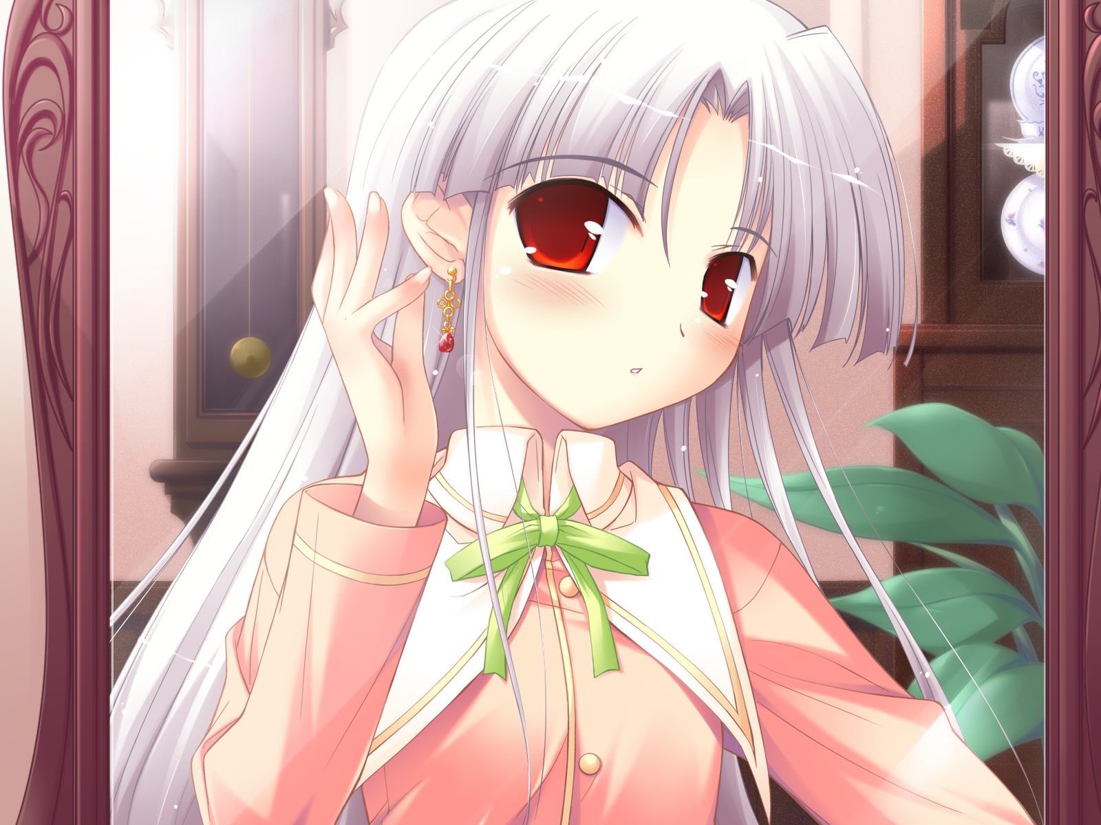 ko~cha, shikimori ibuki, happiness!, windmill (company), game cg, highres, 00s, 1girl, earrings, female focus, jewelry, long hair, mirror, red eyes, school uniform, serafuku, solo