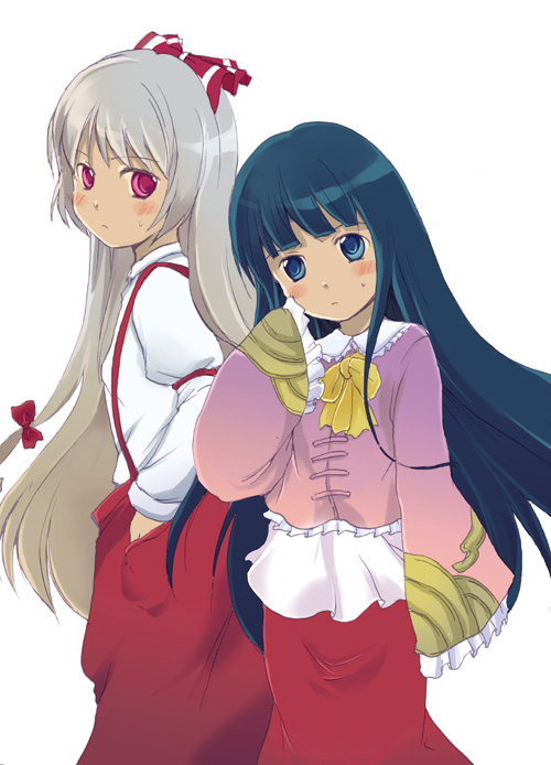 mathnote, fujiwara no mokou, houraisan kaguya, touhou, silver hair, 2girls, black hair, blue eyes, blunt bangs, bow, bowtie, female focus, hair bow, long hair, long sleeves, looking at viewer, multiple girls, pants, red bow, red eyes, shirt, standing, suspenders, very long hair, white shirt, yellow bow, yellow bowtie