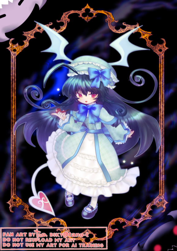 tano t, mephistopheles lore, emil chronicle online, 1girl, black background, black hair, blue capelet, blue dress, blue hat, blue ribbon, blue wings, capelet, dress, familiar, frilled dress, frills, hat, hat ribbon, head wings, heart, heart tail, holding, holding smoking pipe, long hair, neck ribbon, red eyes, ribbon, smoking pipe, tail, wings