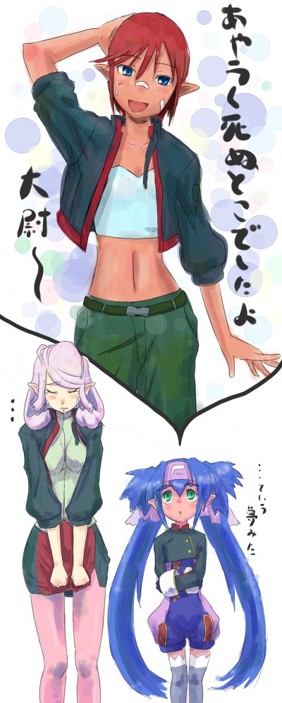 daizan (mount position), klan klein, meltrandi, nene rora, raramia rerenia, zentradi, macross, macross frontier, uniform, translation request, 00s, jacket, long hair, pantyhose, pointy ears