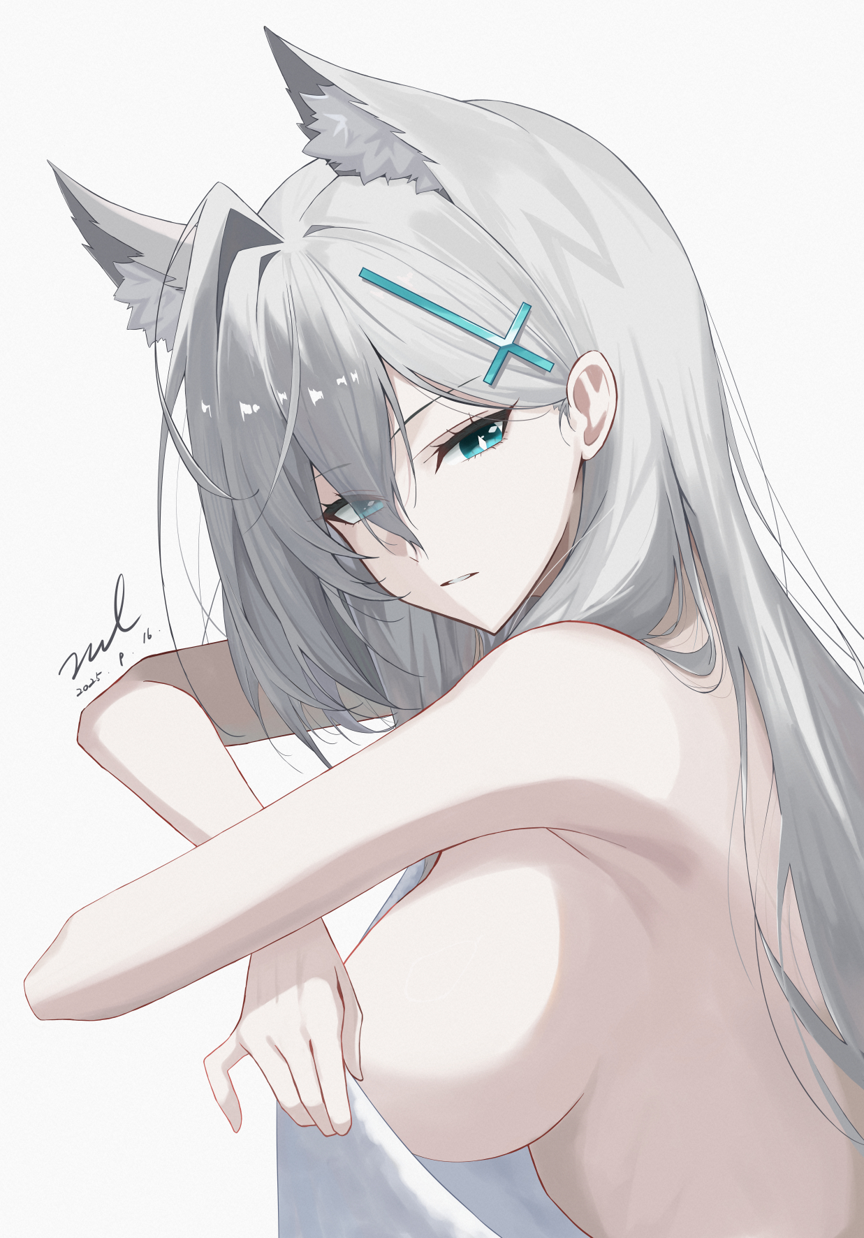 unel, shiroko terror (blue archive), blue archive, commentary, highres, 1girl, animal ears, blue eyes, breasts, covering privates, cross hair ornament, dated, eyes visible through hair, from side, grey background, grey hair, hair ornament, hair over one eye, large breasts, long hair, looking at viewer, looking to the side, nude cover, parted lips, signature, simple background, single hair intake, solo, upper body, wolf ears, wolf girl