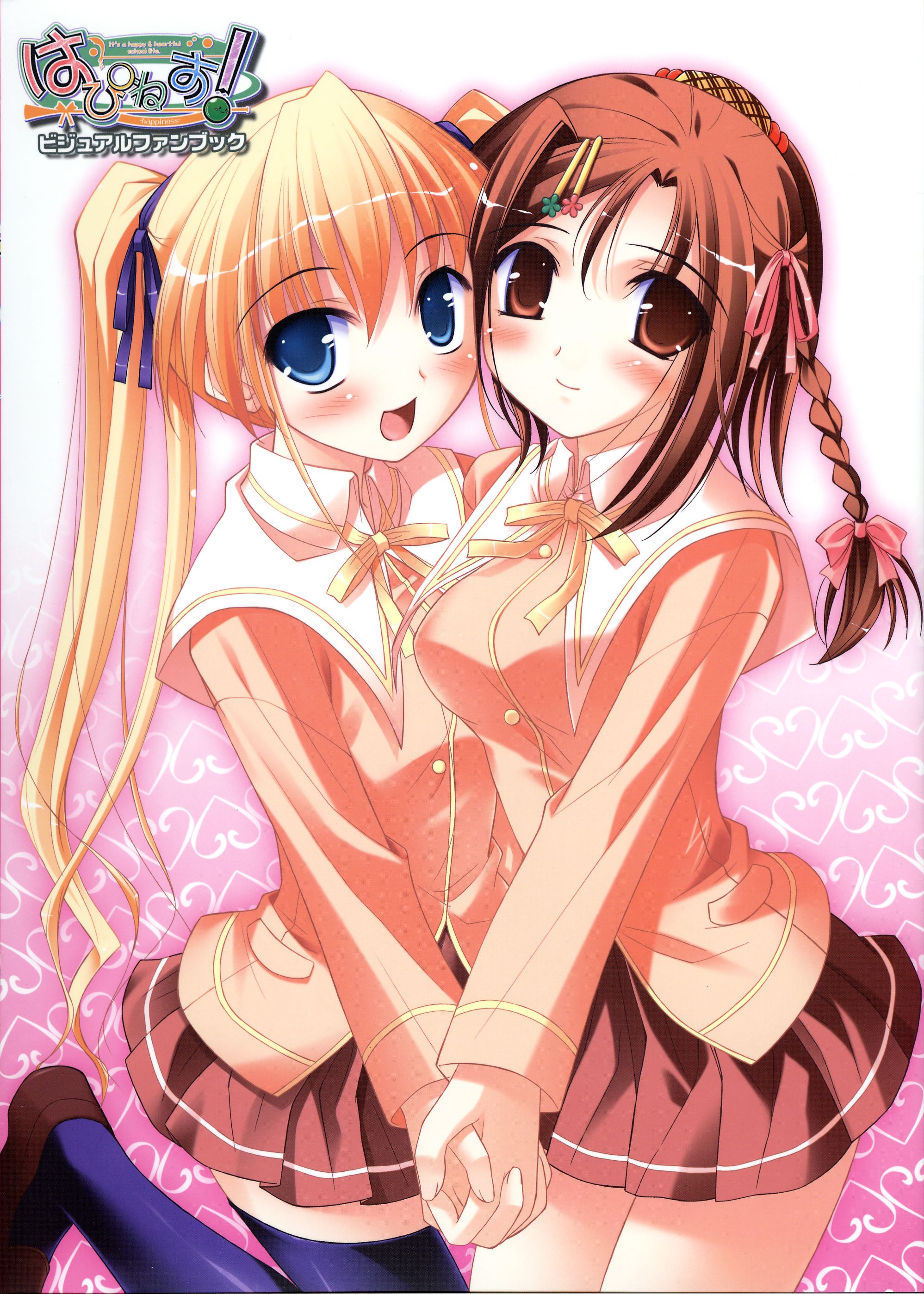 ko~cha, hiiragi anri, kamisaka haruhi, happiness!, windmill (company), absurdres, highres, 00s, 2girls, blonde hair, blue eyes, hair ornament, hairpin, long hair, multiple girls, school uniform, serafuku, thighhighs, twintails