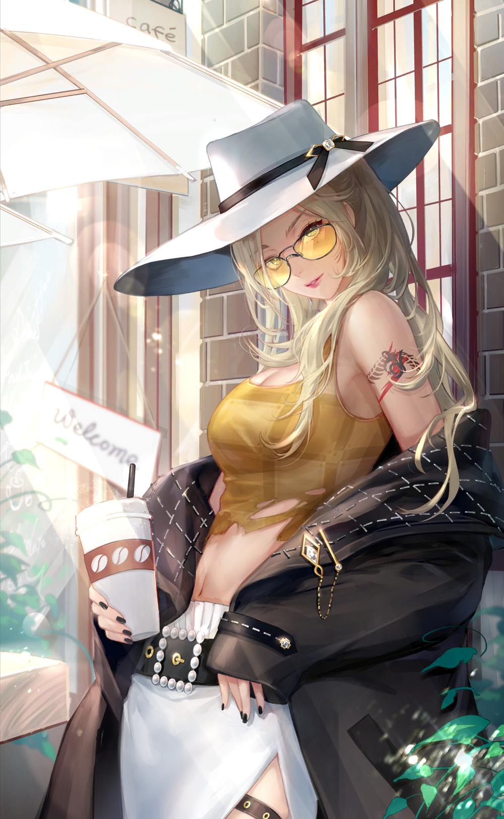 nikki (series), shining nikki, artist request, game cg, highres, official art, 1girl, against wall, argyle clothes, argyle coat, arm tattoo, bare shoulders, belt, belt buckle, black-framed eyewear, black belt, black coat, black nails, black ribbon, blonde hair, breasts, bright pupils, brown eyes, buckle, bush, cafe, cleavage, coat, coat partially removed, coffee beans, collared coat, cowboy shot, crop top, cropped shirt, cup, day, disposable coffee cup, disposable cup, drink, eyelashes, happy, hat, hat ribbon, head tilt, holding, holding drink, large breasts, light particles, light rays, lipstick, long hair, looking at viewer, makeup, midnight impression (shining nikki), nail polish, navel, outdoors, parted lips, pink lips, plaid clothes, plaid shirt, ribbon, shirt, side slit, sidelocks, skirt, sleeves past wrists, smile, solo, standing, sunglasses, sunlight, table, tattoo, thigh belt, thigh strap, tight clothes, tight shirt, tinted eyewear, torn clothes, torn shirt, two-sided coat, two-sided fabric, umbrella, white hat, white pupils, white skirt, yellow-tinted eyewear, yellow shirt, zoey (shining nikki)