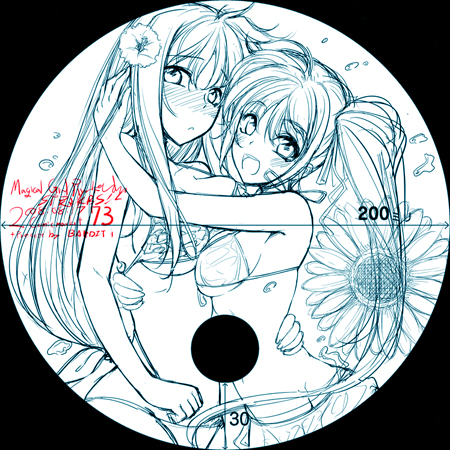 kawakami shuuichi, shu (artist), fate testarossa, takamachi nanoha, lyrical nanoha, mahou shoujo lyrical nanoha, mahou shoujo lyrical nanoha strikers, lowres, 00s, 2girls, bikini, breast press, breasts, monochrome, multiple girls, swimsuit, symmetrical docking