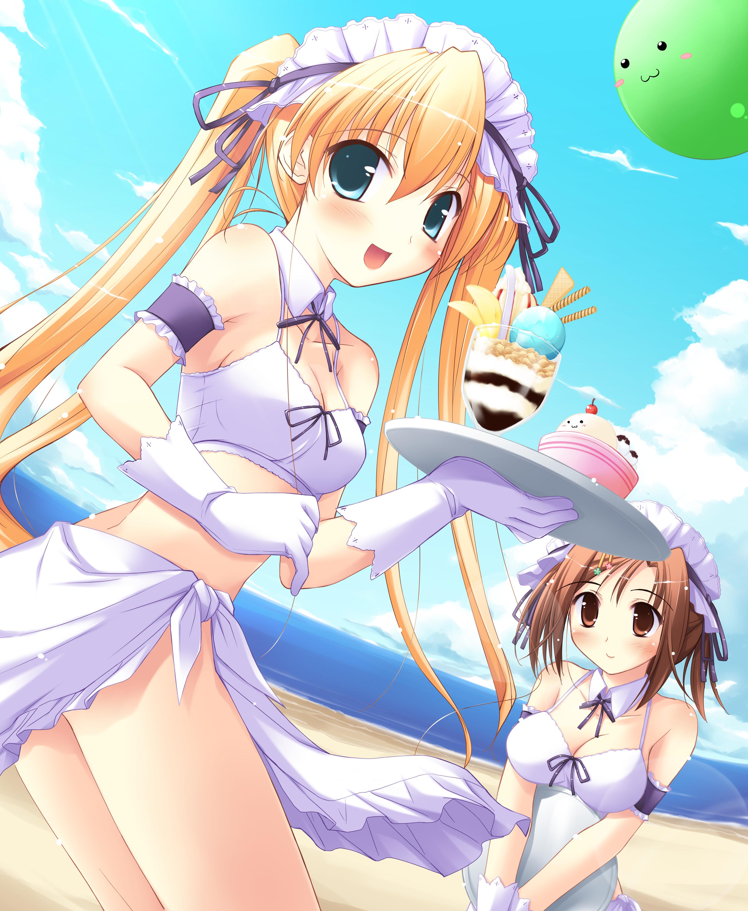 ko~cha, hiiragi anri, kamisaka haruhi, happiness!, windmill (company), absurdres, highres, 00s, 2girls, aqua eyes, beach, blonde hair, cloud, day, food, gloves, hair ornament, hairband, hairpin, headband, ice cream, long hair, maid, multiple girls, outdoors, sarong, sky, tray, twintails