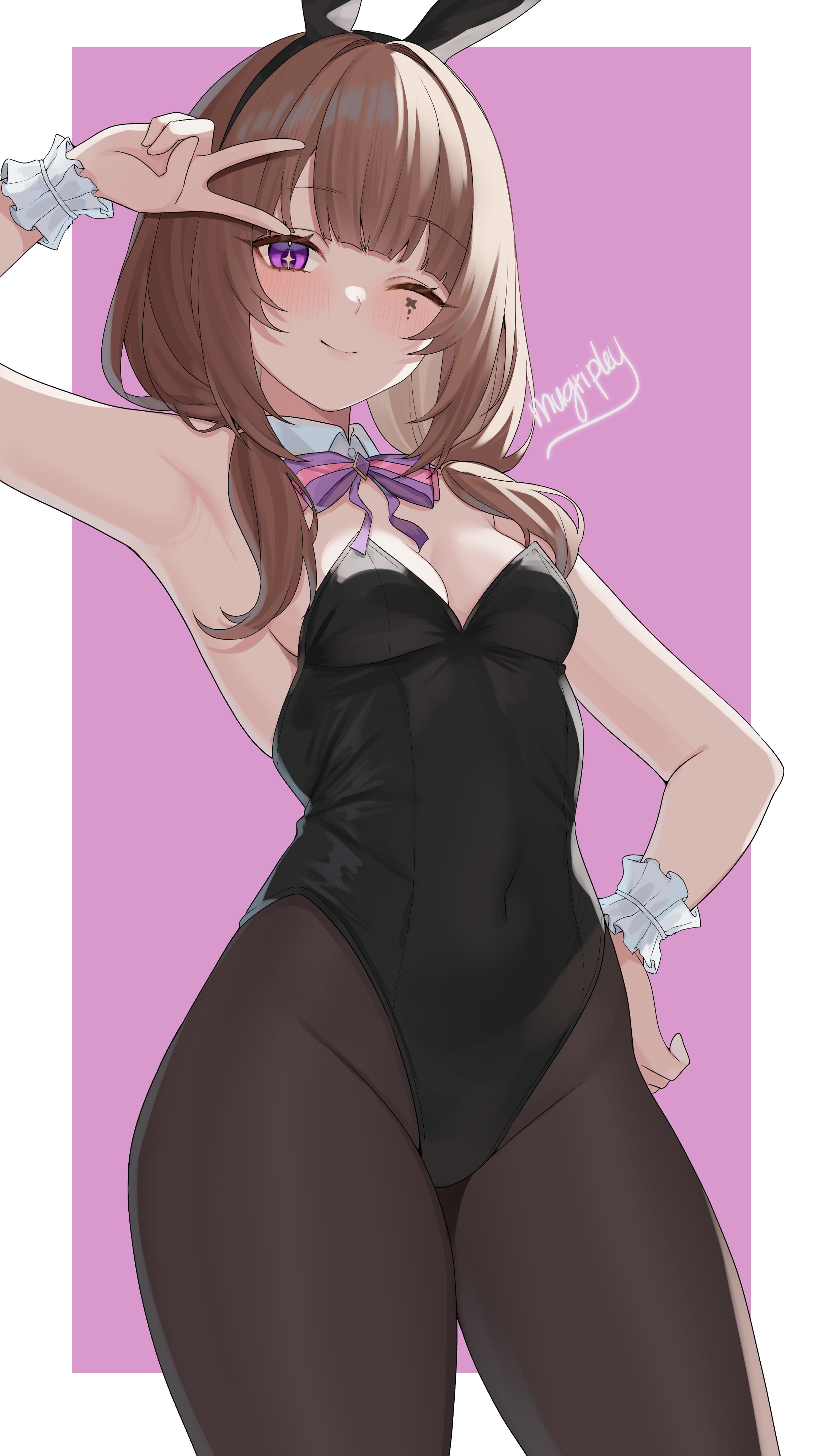 mugripley, original, absurdres, commentary, commission, english commentary, highres, 1girl, animal ears, arm up, armpits, bare shoulders, black hairband, black leotard, bow, bowtie, breasts, brown hair, brown pantyhose, closed mouth, covered navel, cowboy shot, detached collar, facial mark, fake animal ears, hair over shoulder, hairband, hand on own hip, highleg, highleg leotard, leotard, long hair, looking at viewer, low twintails, one eye closed, pantyhose, playboy bunny, purple eyes, rabbit ears, scrunchie, small breasts, smile, solo, sparkling eyes, strapless, strapless leotard, twintails, v, wrist scrunchie