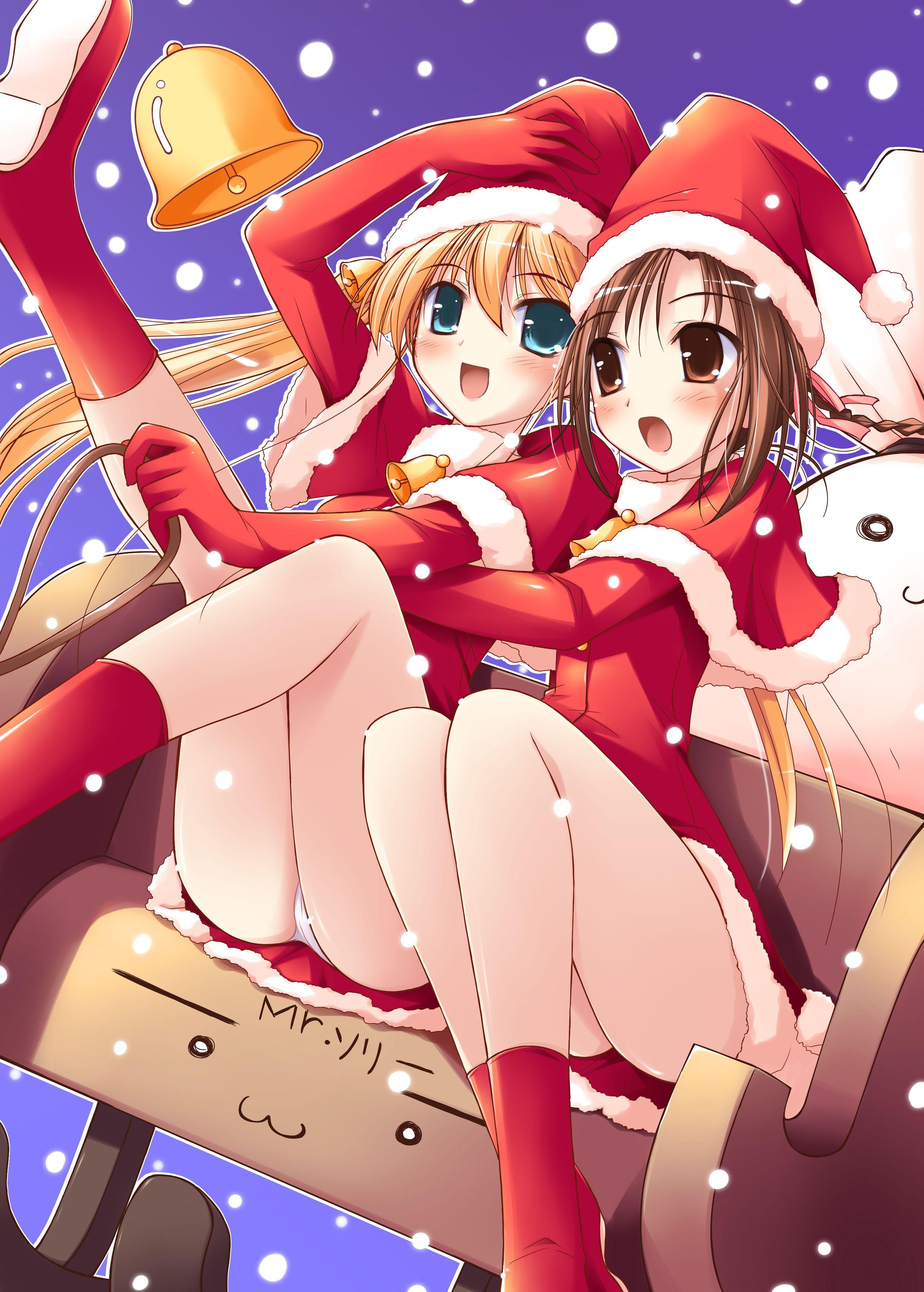 ko~cha, hiiragi anri, kamisaka haruhi, happiness!, windmill (company), absurdres, highres, 00s, 2girls, aqua eyes, bell, blonde hair, christmas, hat, long hair, multiple girls, panties, santa costume, underwear, white panties