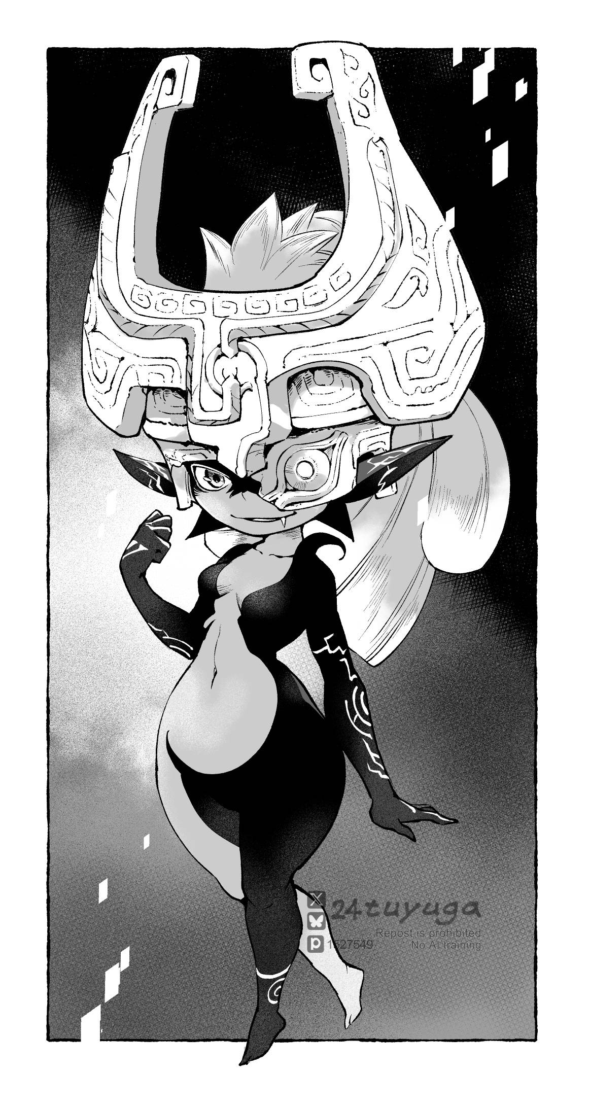 tsuyuga, midna, nintendo, the legend of zelda, the legend of zelda: twilight princess, highres, 1girl, artist name, bluesky logo, border, breasts, colored skin, full body, greyscale, grin, helmet, long hair, looking at viewer, monochrome, multicolored skin, one eye covered, pixiv logo, pointy ears, small breasts, smile, solo, twitter x logo, two-tone skin, white border