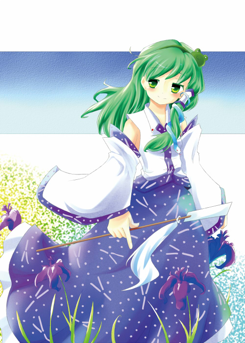 tsuru piko, turupiko, kochiya sanae, touhou, 1girl, female focus, green hair, japanese clothes, long hair, miko, solo