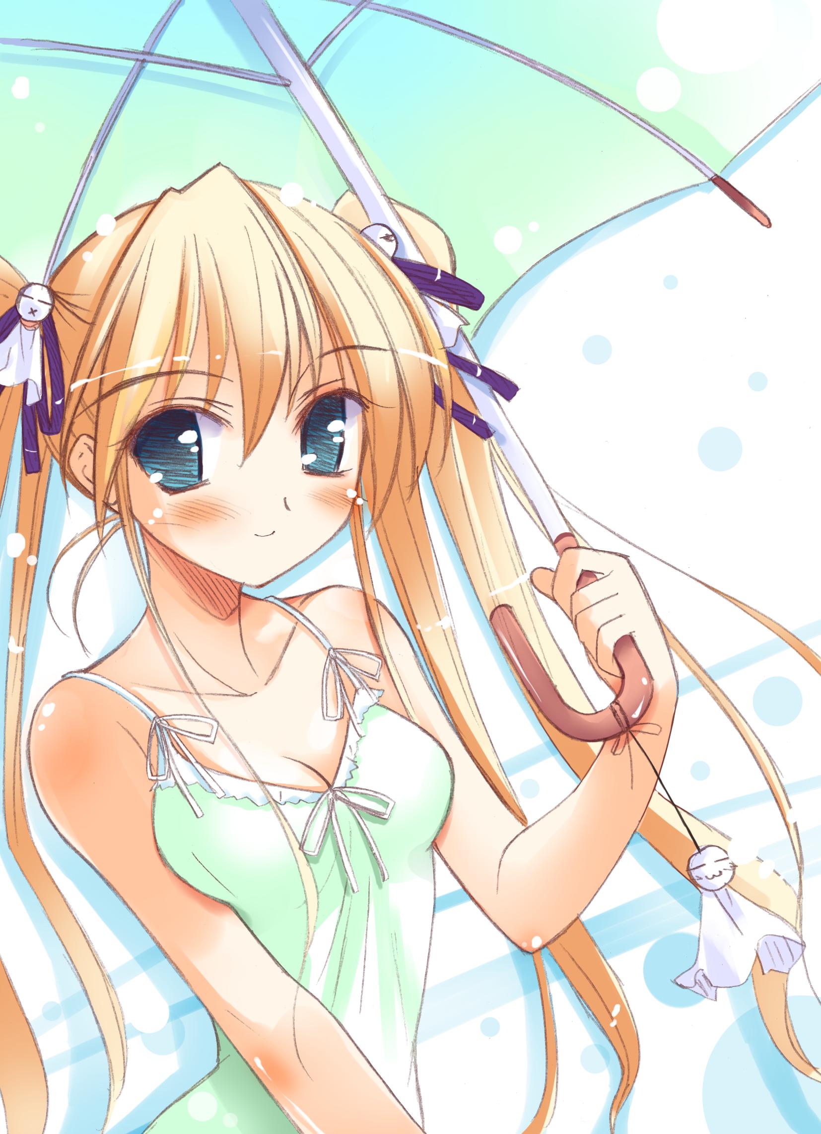 ko~cha, hiiragi anri, happiness!, windmill (company), highres, 00s, 1girl, aqua eyes, blonde hair, female focus, long hair, solo, teruterubouzu, twintails, umbrella