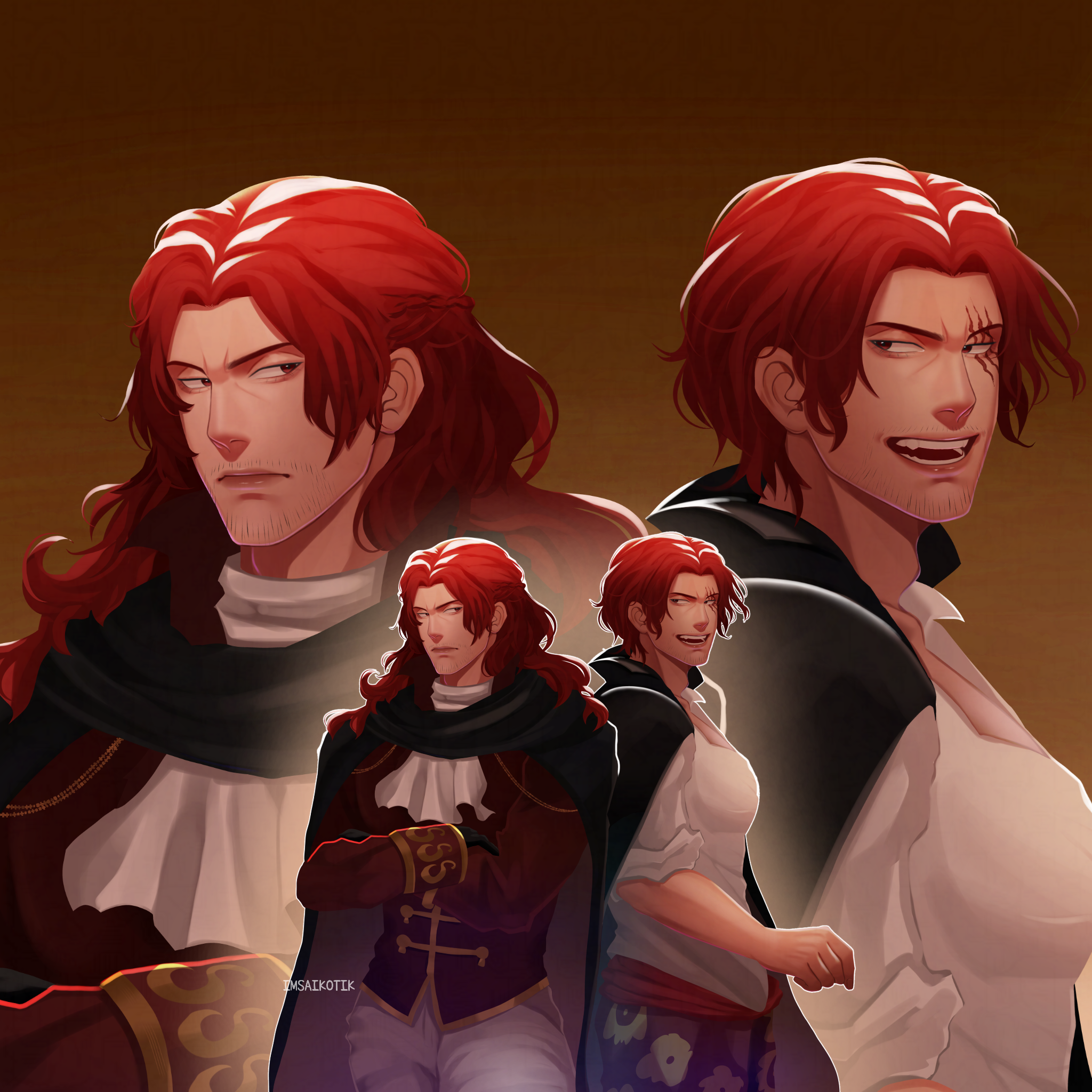 figarland shamrock, shanks (one piece), one piece, highres, 2boys, ascot, black cape, brothers, brown eyes, cape, crossed arms, facial hair, frown, goatee stubble, imsaikotik, long hair, looking at another, male focus, military uniform, multiple boys, mustache stubble, open mouth, red hair, scar, scar across eye, scar on face, shirt, short hair, siblings, smile, stubble, twins, white ascot, white shirt, zoom layer