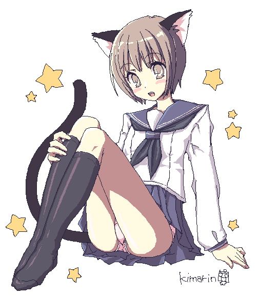 kimarin, original, animal ears, cat ears, cat tail, kneehighs, oekaki, panties, pantyshot, school uniform, serafuku, socks, solo, tail, underwear