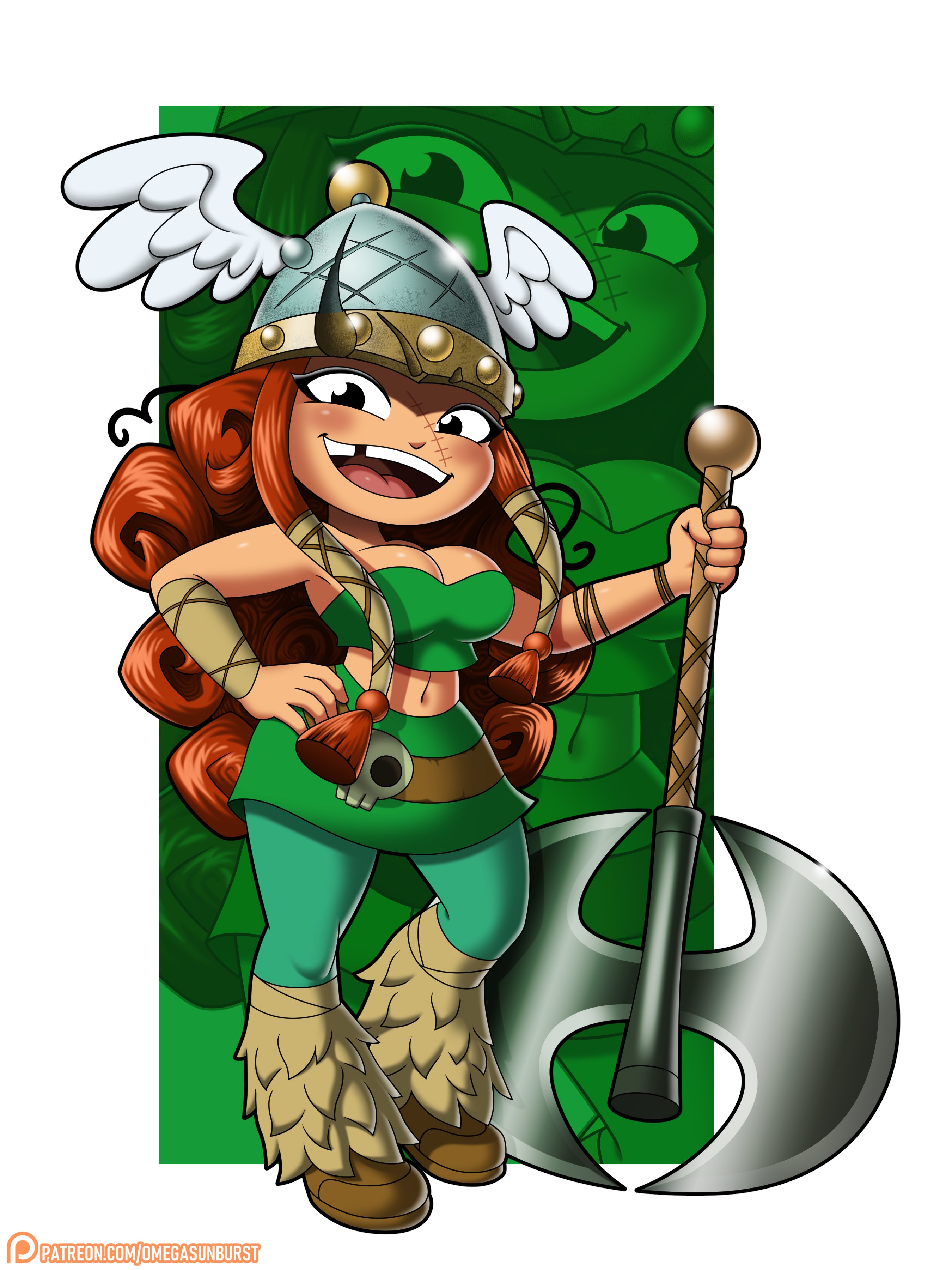omegasunburst, barbara (rayman), rayman (series), rayman legends, absurdres, commentary, english commentary, highres, 1girl, axe, black eyes, border, breasts, curly hair, green pantyhose, green skirt, hand on own hip, helmet, holding, holding axe, long hair, looking at viewer, medium breasts, missing tooth, navel, open mouth, pantyhose, patreon logo, patreon username, red hair, scar, scar on face, skirt, smile, solo, strapless, tube top, watermark, web address, white border, winged helmet
