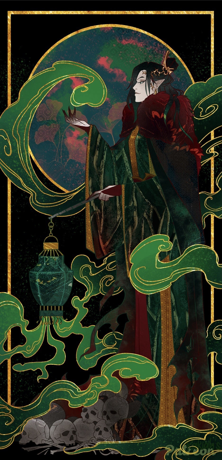 qi rong, tianguan cifu, highres, 1boy, black background, black hair, bone, border, cape, chinese clothes, closed mouth, colored lineart, colored smoke, colored tips, earrings, eyeliner, fingernails, fire, full body, fur-trimmed robe, fur trim, ginkgo leaf print, gold border, gold earrings, gold trim, green background, green eyeliner, green eyes, green fire, green hair, green hanfu, green robe, green theme, hair bun, hanfu, hanging lantern, holding, holding lantern, jewelry, lantern, layered clothes, long hair, long sleeves, makeup, male focus, multicolored hair, outside border, pile of skulls, pointy ears, print robe, rakiah, red cape, red sleeves, robe, sharp fingernails, single hair bun, skull, sleeves past wrists, smile, smoke, solo, standing, torn clothes, torn robe, wide sleeves, xiao guan (headdress)