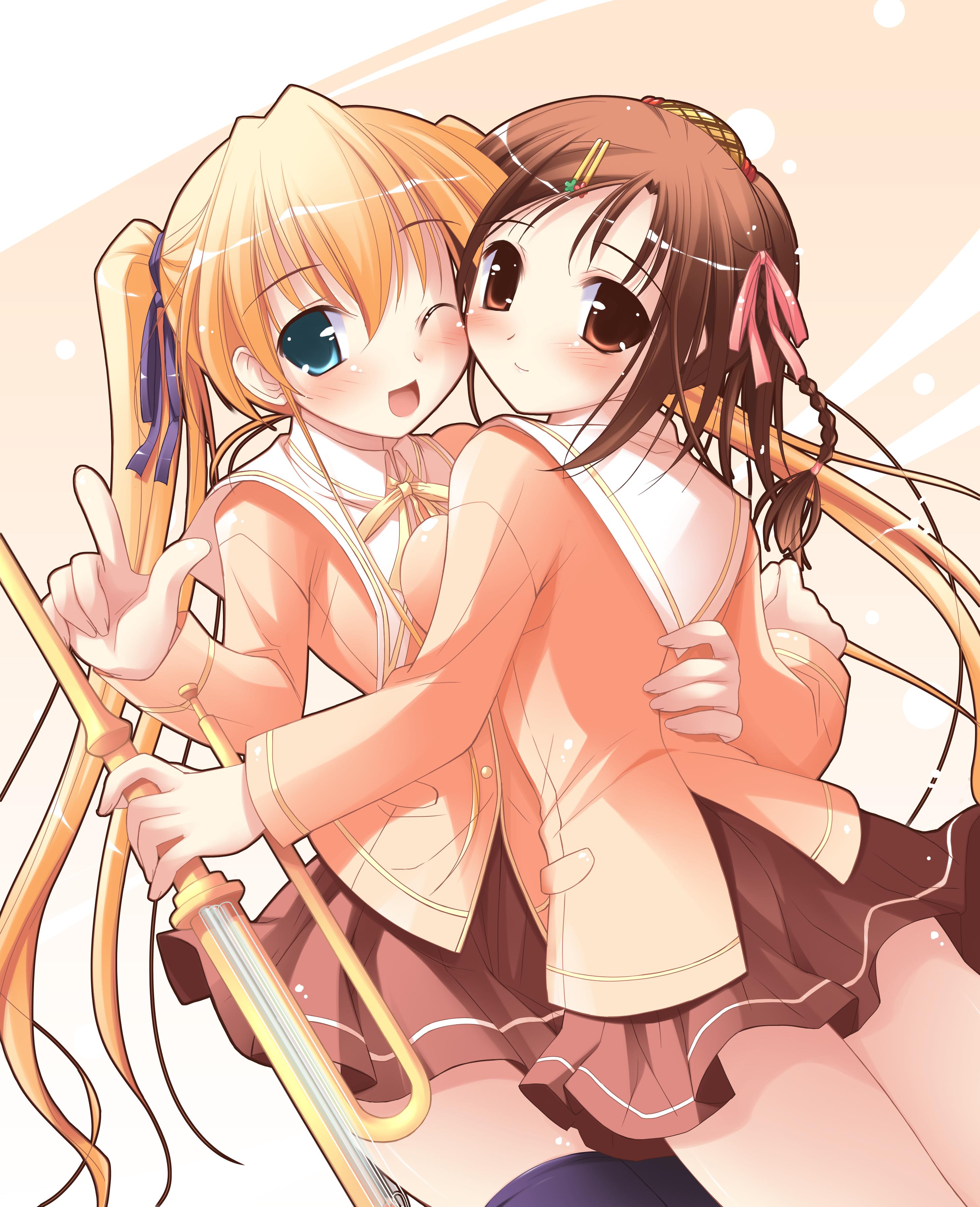 hiiragi anri, kamisaka haruhi, happiness!, windmill (company), absurdres, highres, 00s, 2girls, aqua eyes, blonde hair, blush, hair ornament, hairpin, multiple girls, school uniform, serafuku, short hair, wink