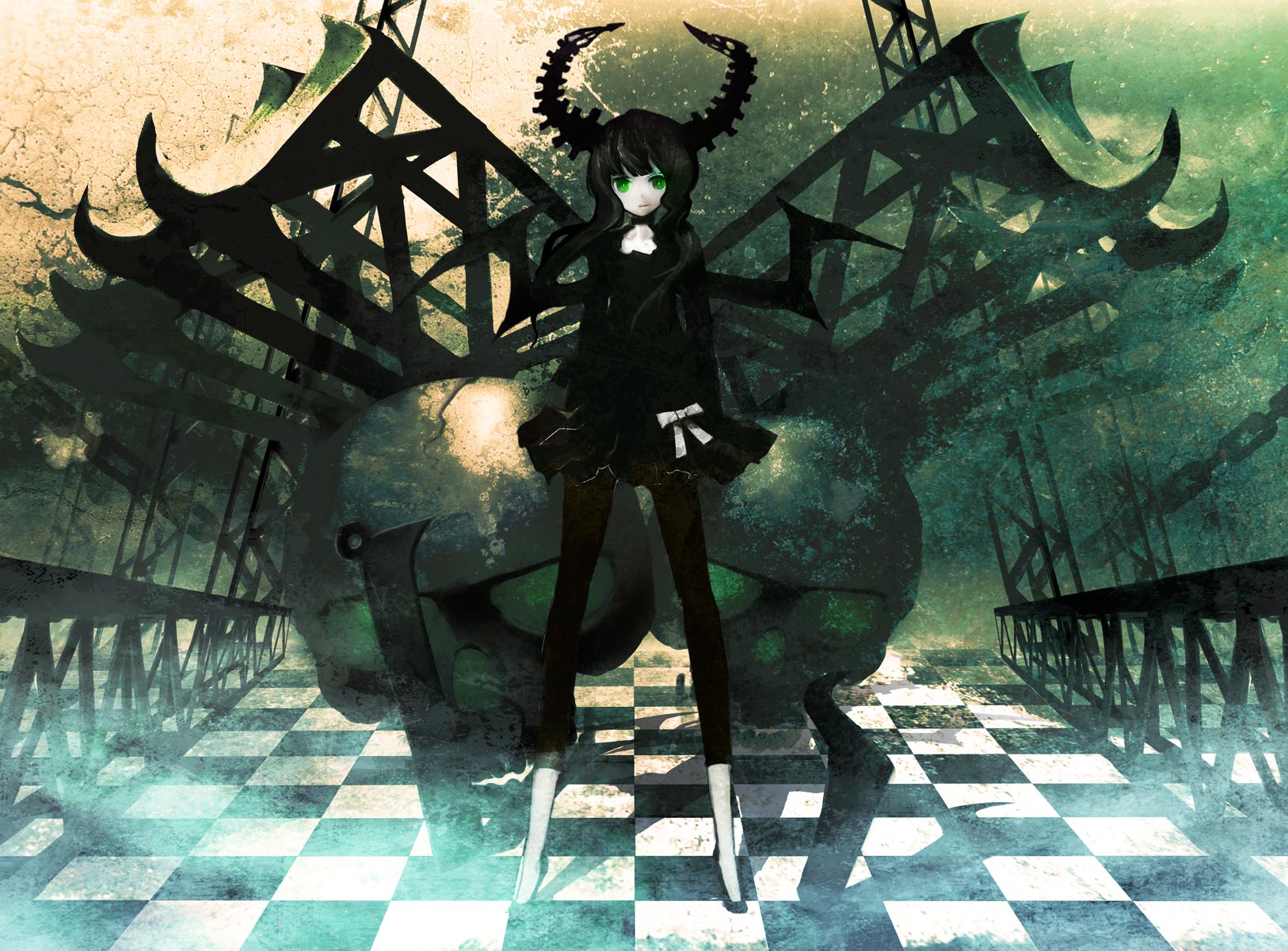 huke, dead master, black rock shooter, original, highres, 10s, 1girl, black dress, black hair, checkered floor, choker, dress, female focus, floor, glowing, glowing eyes, green eyes, high heels, horns, leggings, ribbon, shoes, skirt, skull, solo, vanishing point, wings