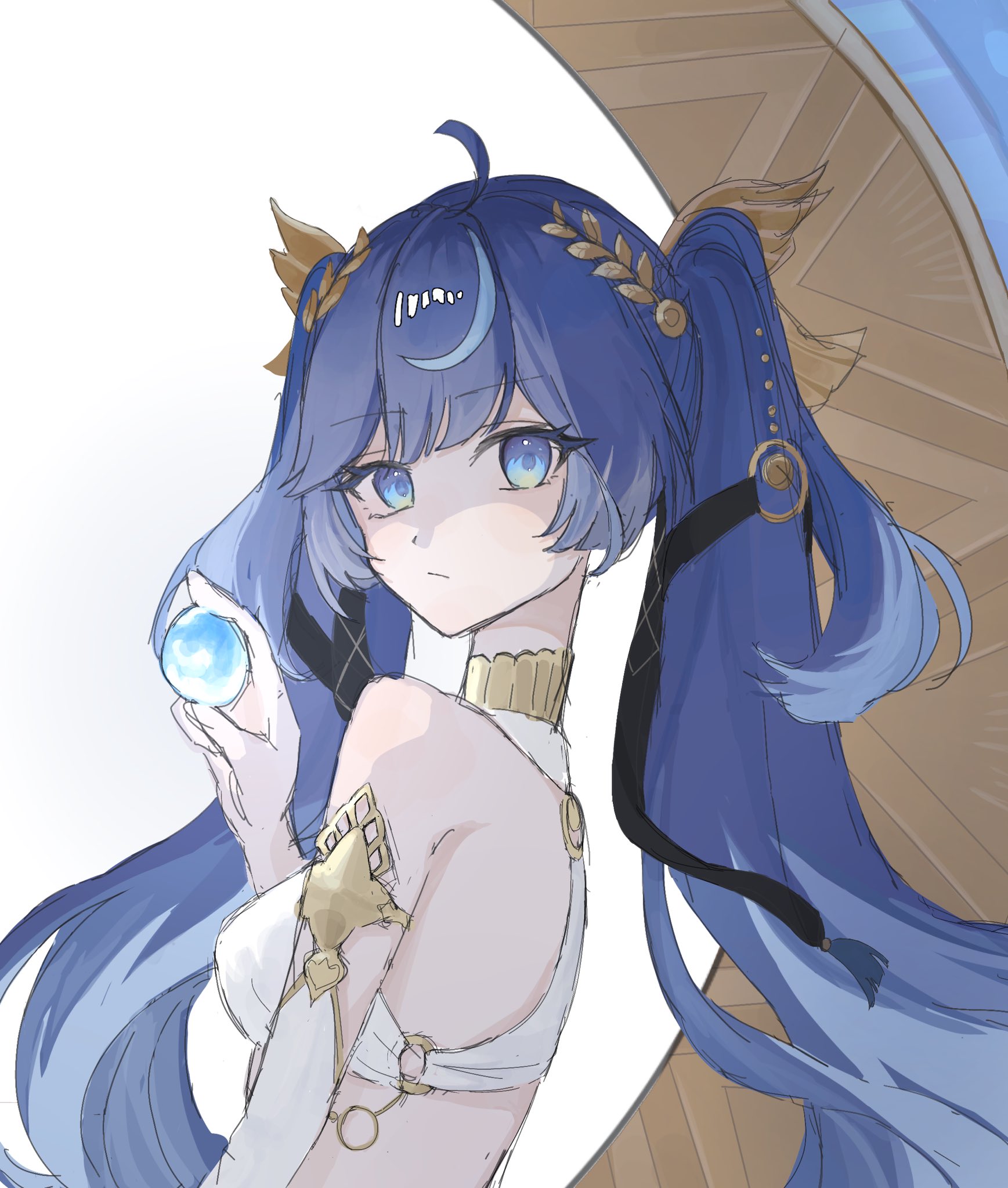 iuno (wuthering waves), wuthering waves, commentary request, highres, 1girl, ahoge, bare shoulders, blue eyes, blue hair, breasts, closed mouth, from side, hair belt, head wreath, holding orb, long hair, looking to the side, medium breasts, multicolored hair, solo, streaked hair, toha tm11, twintails, upper body